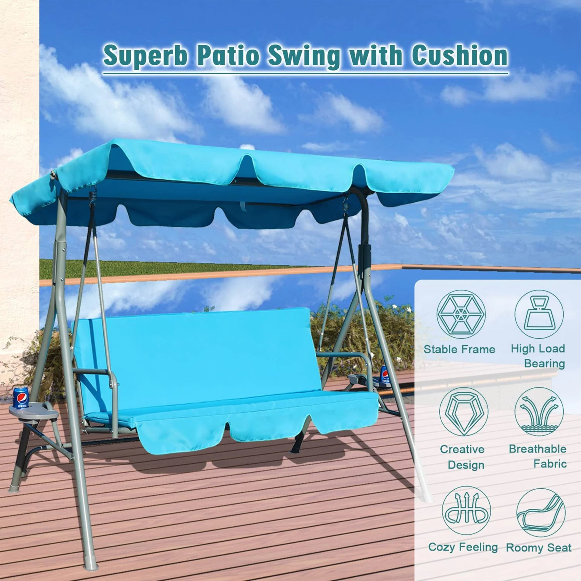 GOLDSUN 3 Person Swing Hammock w/Utility Tray, Removable Cushion & Canopy, Blue - Image 6