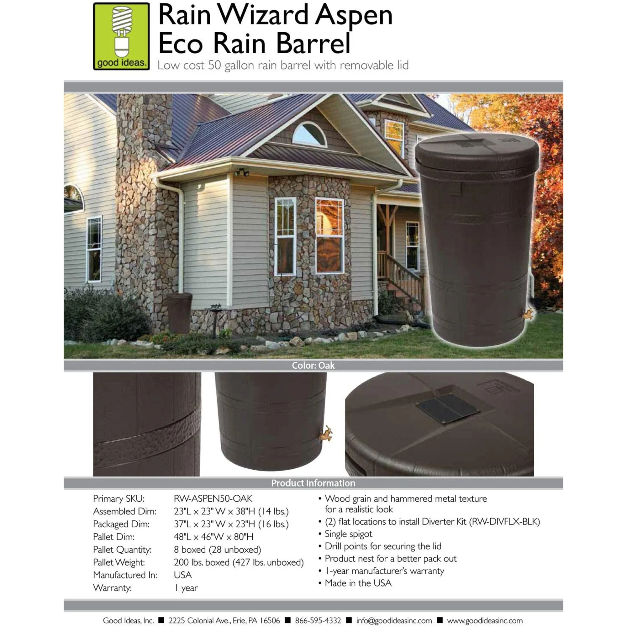 Good Ideas Aspen 50 Gal Rain Barrel Rain Collector Saver w/Brass Spigot (3 Pack) - Image 3
