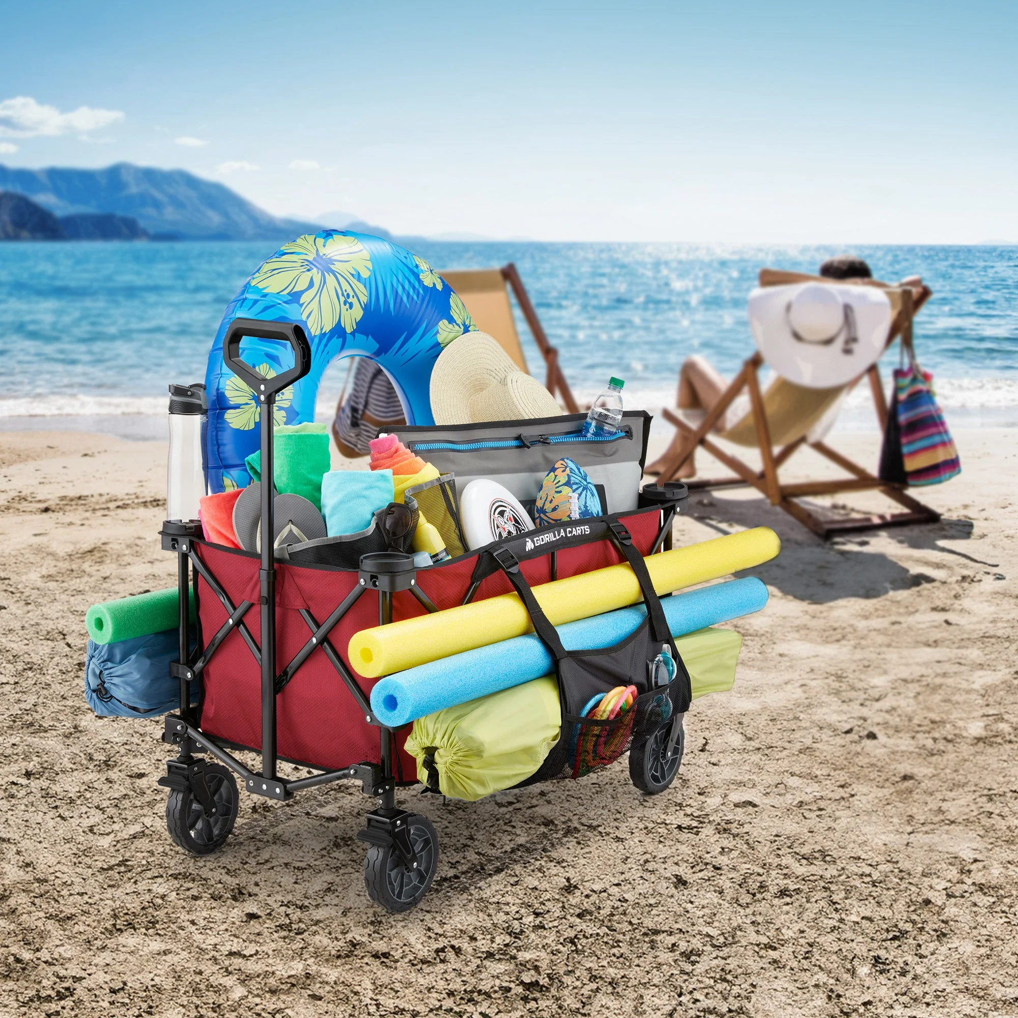 Gorilla Carts 7 Cubic Feet Foldable Utility Beach Wagon with Oversized Bed, Red - Image 4