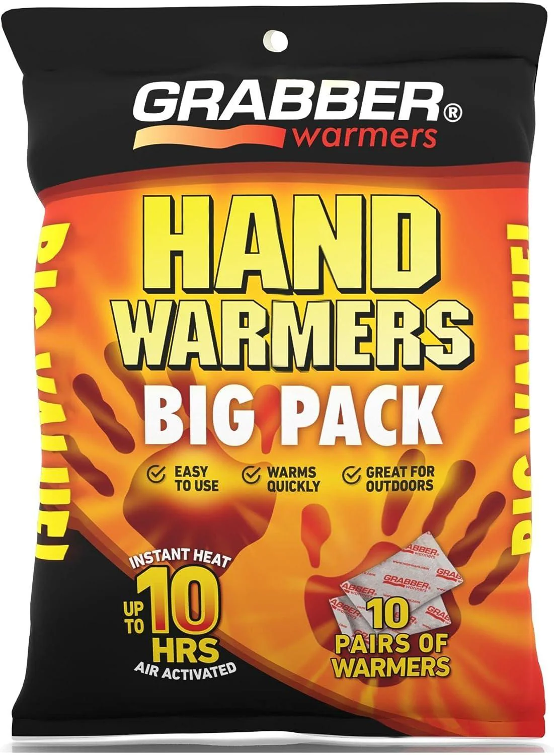 Grabber Hand Warmers - Long Lasting Safe Natural Odorless Air Activated Warmers - Up to 10 Hours of Heat - 10 Pair Pack - Image 2
