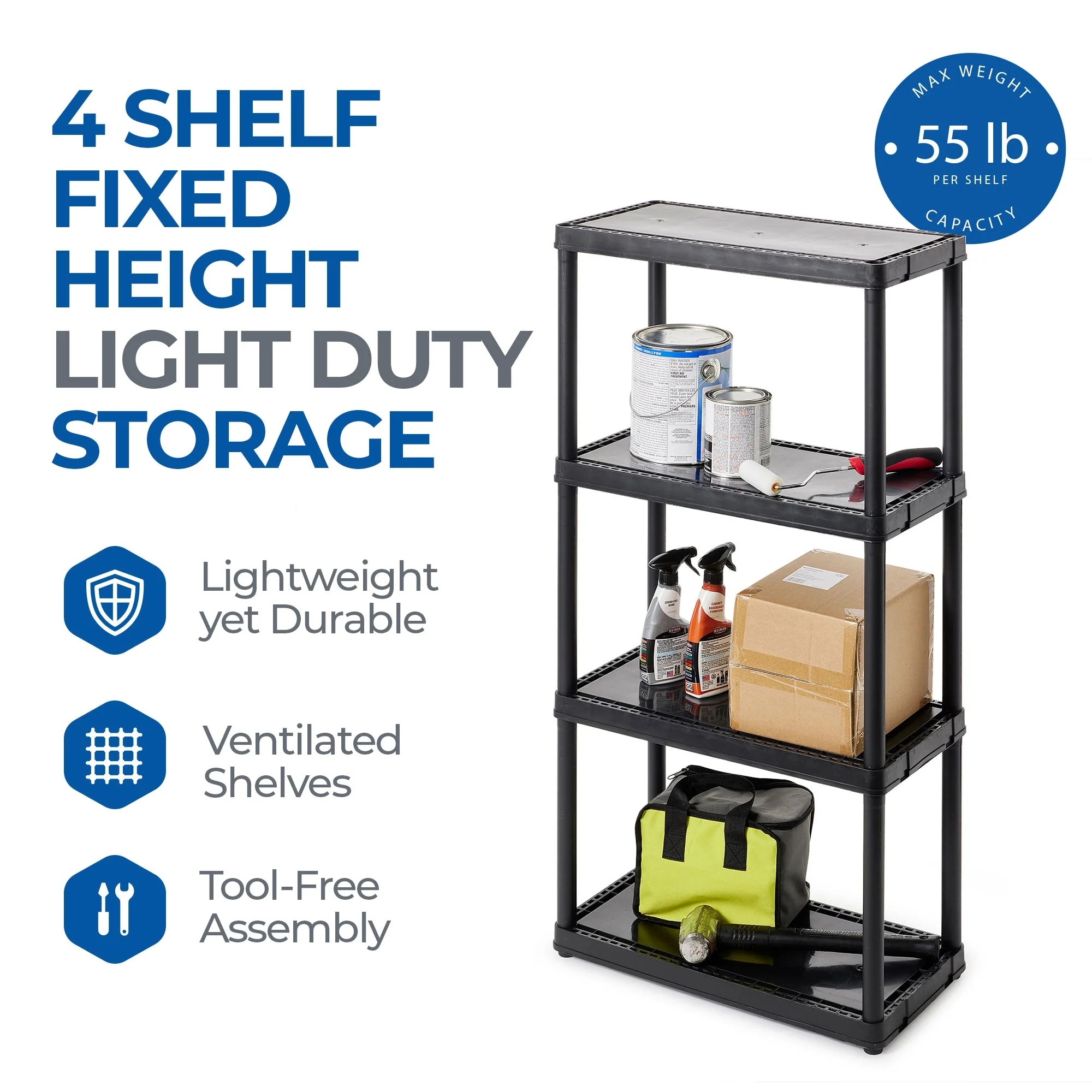 Gracious Living 4 Shelf Fixed Height Solid Light Duty Home Storage Unit, Black - Image 3