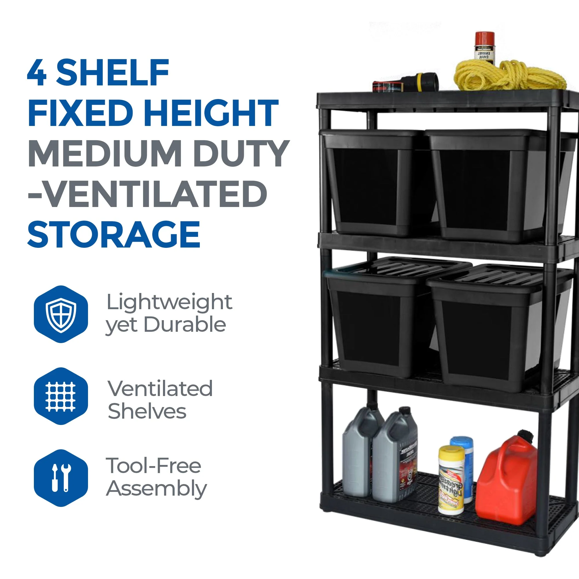 Gracious Living 4 Shelf Ventilated Garage Shelving Kit with 4 Bins & Lids, Black - Image 3