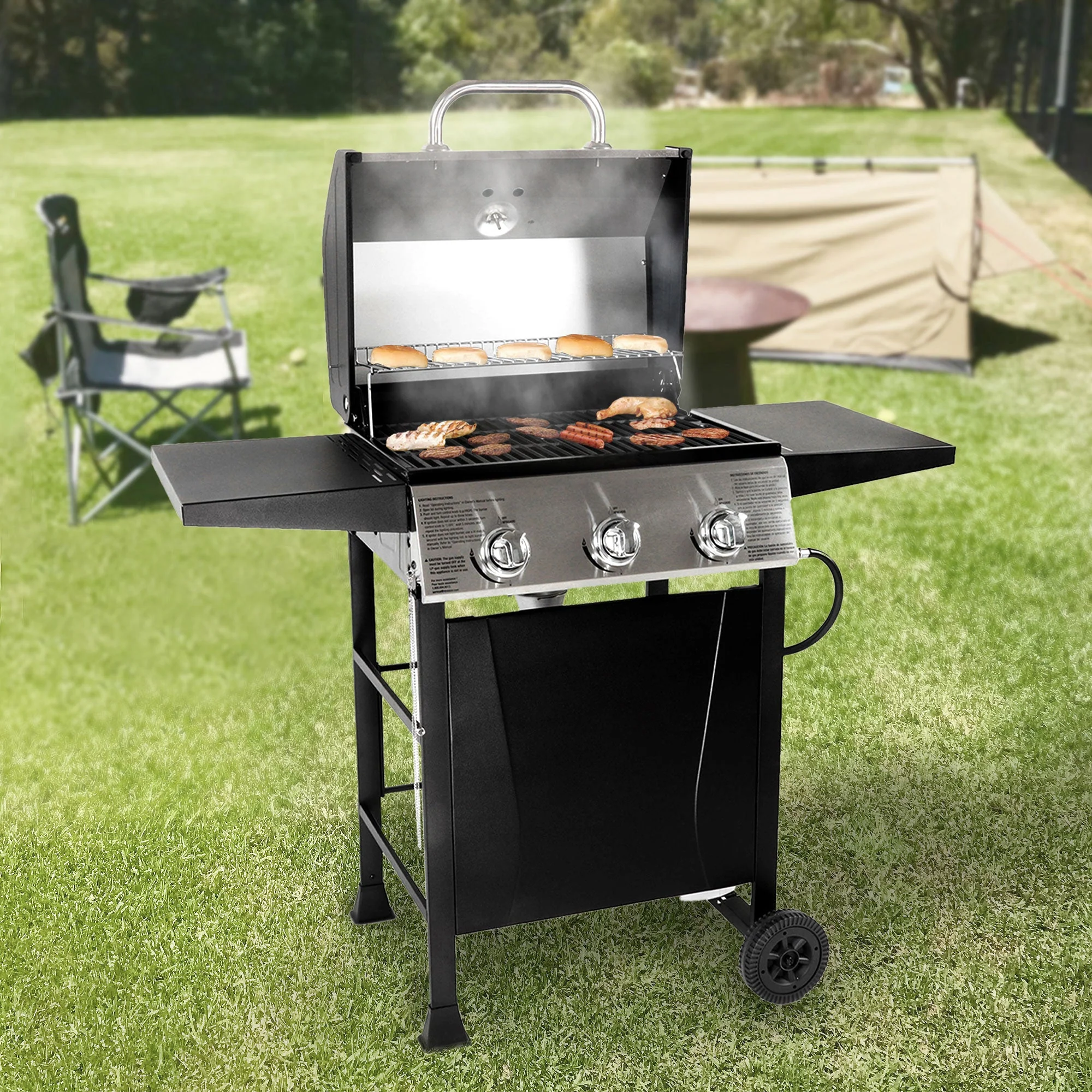 Grill Boss GBC1932M 3 Burner Gas Grill with Top Cover and Side Shelves, Black - Image 4