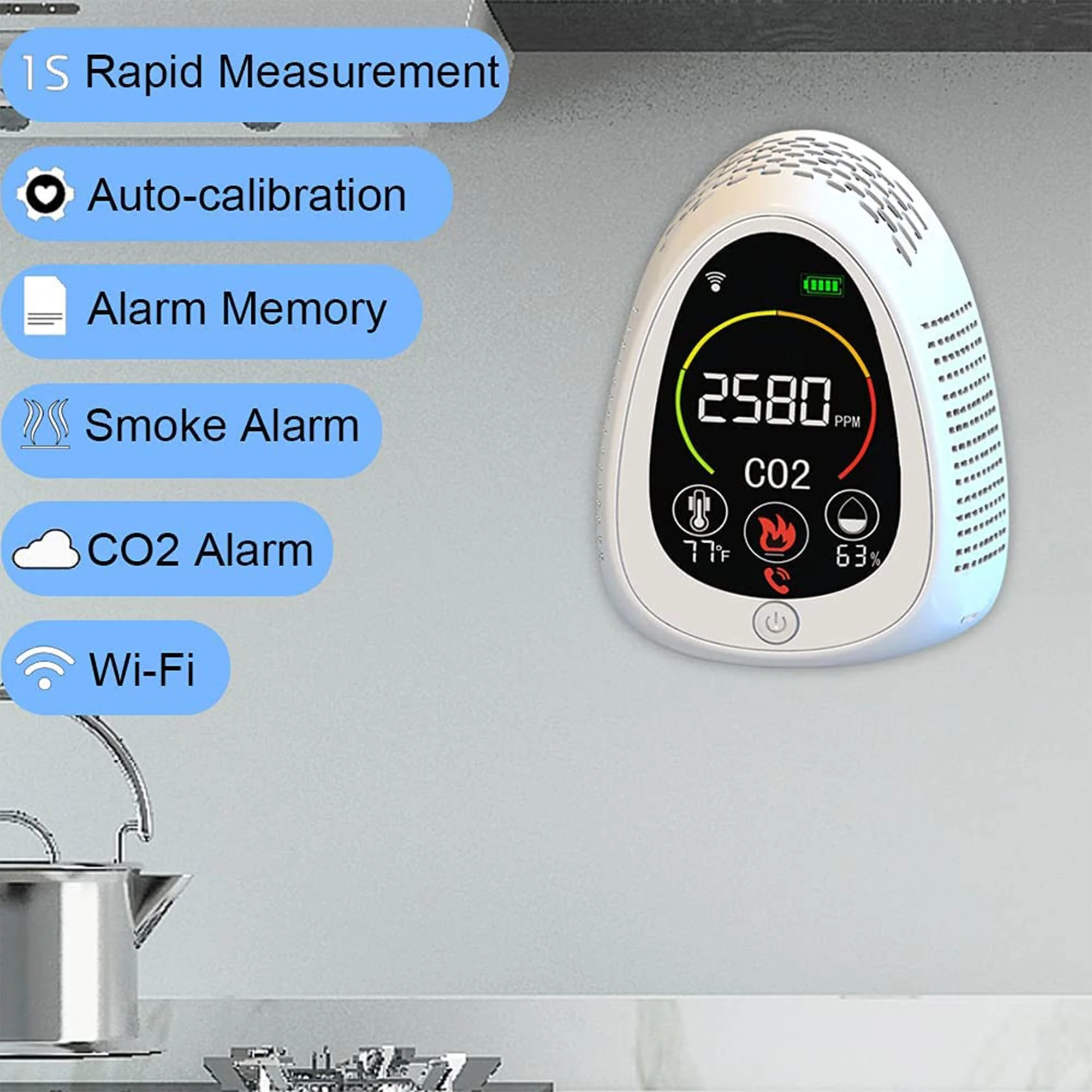 GZAIR Wi-Fi Carbon Dioxide Meter w/ Smoke Alarm, Temperature, & Humidity Sensor - Image 2