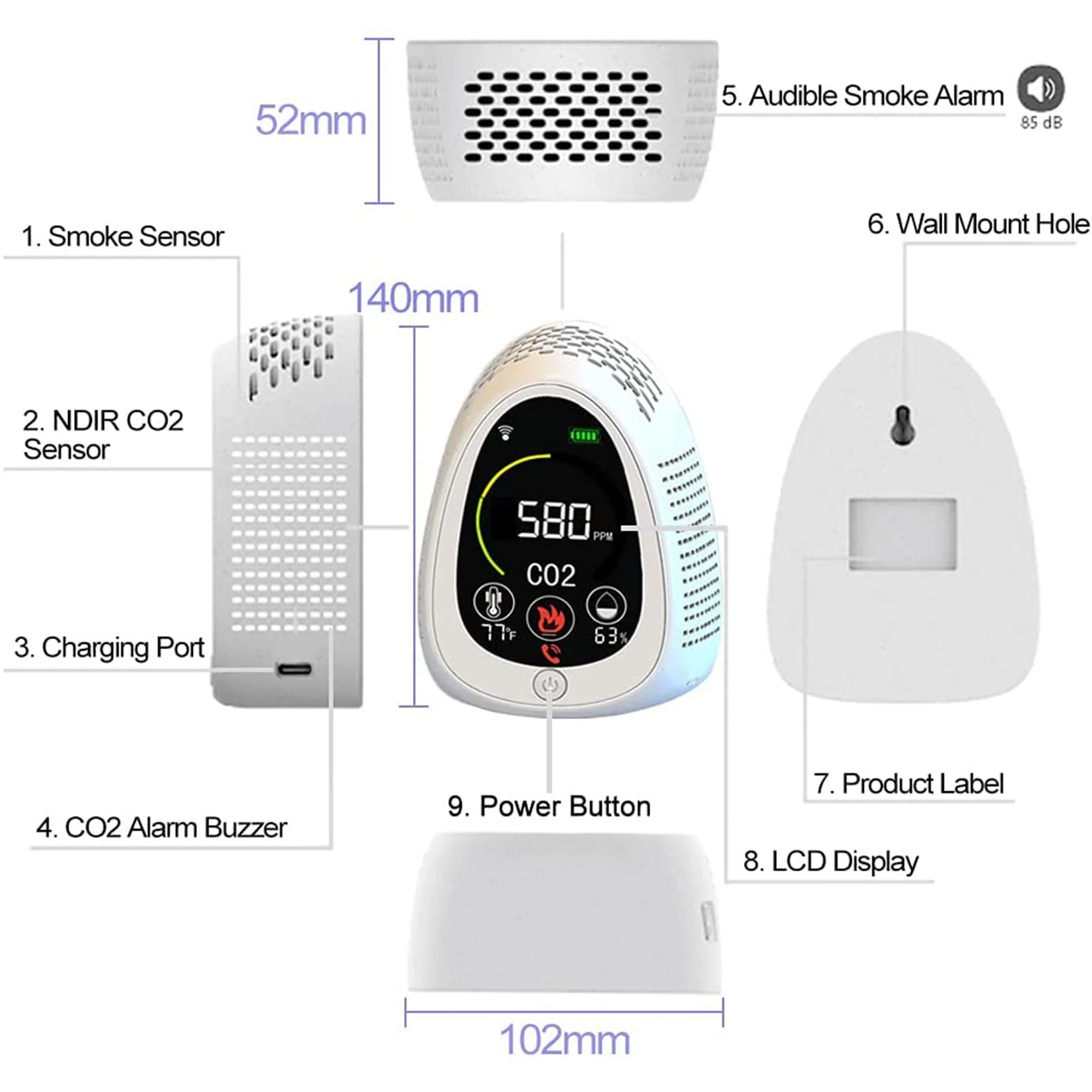 GZAIR Wi-Fi Carbon Dioxide Meter w/ Smoke Alarm, Temperature, & Humidity Sensor - Image 6