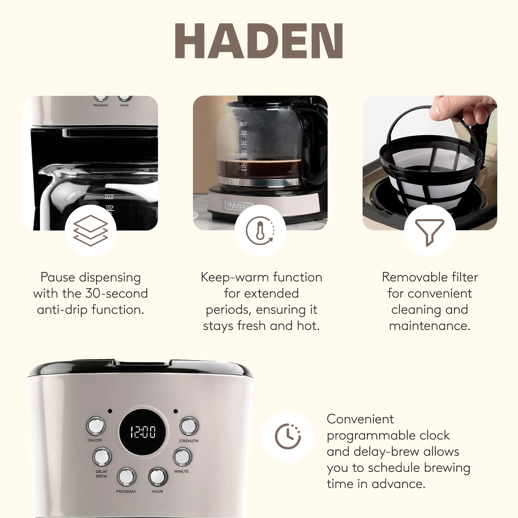 Haden 12 Cup Coffee Maker & Dorset 2 Slice Wide Slot Toaster, Putty & Chrome - Image 4