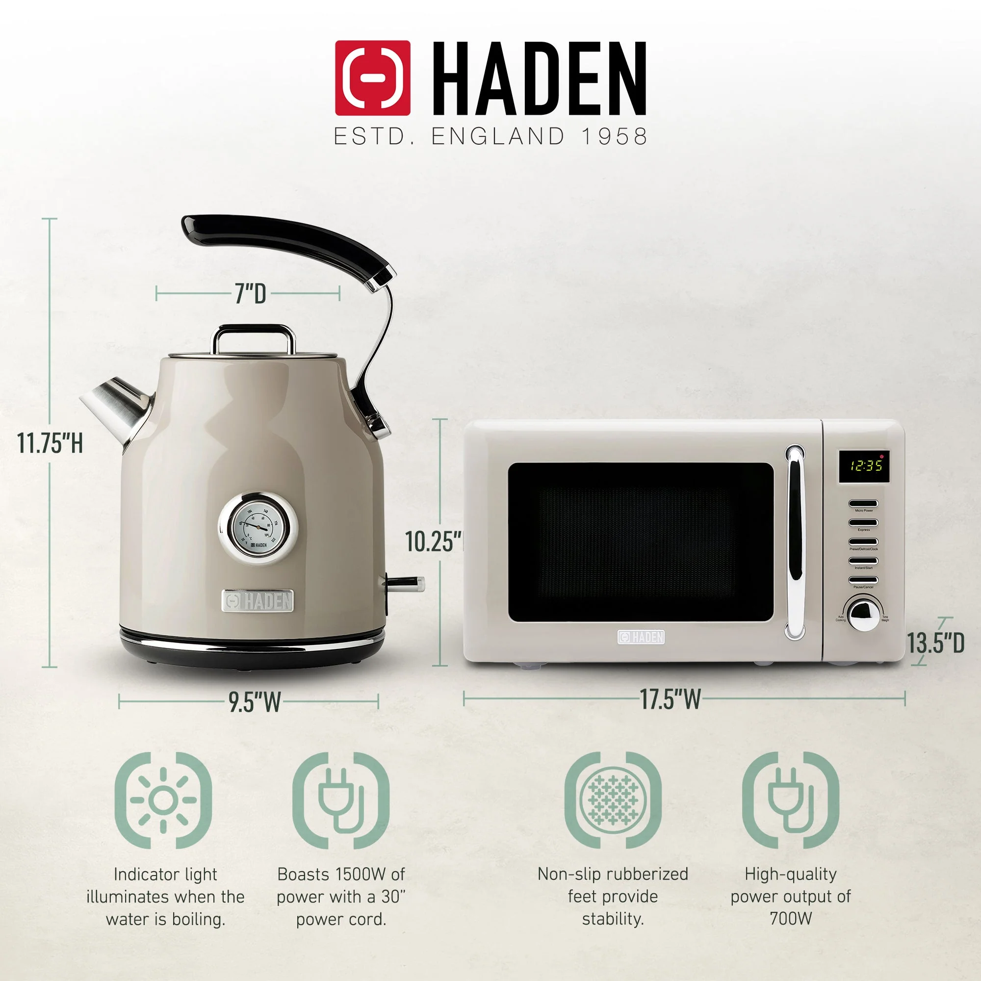 Haden 700W Countertop Microwave & Dorset 1.7L Electric Kettle, Putty & Chrome - Image 4