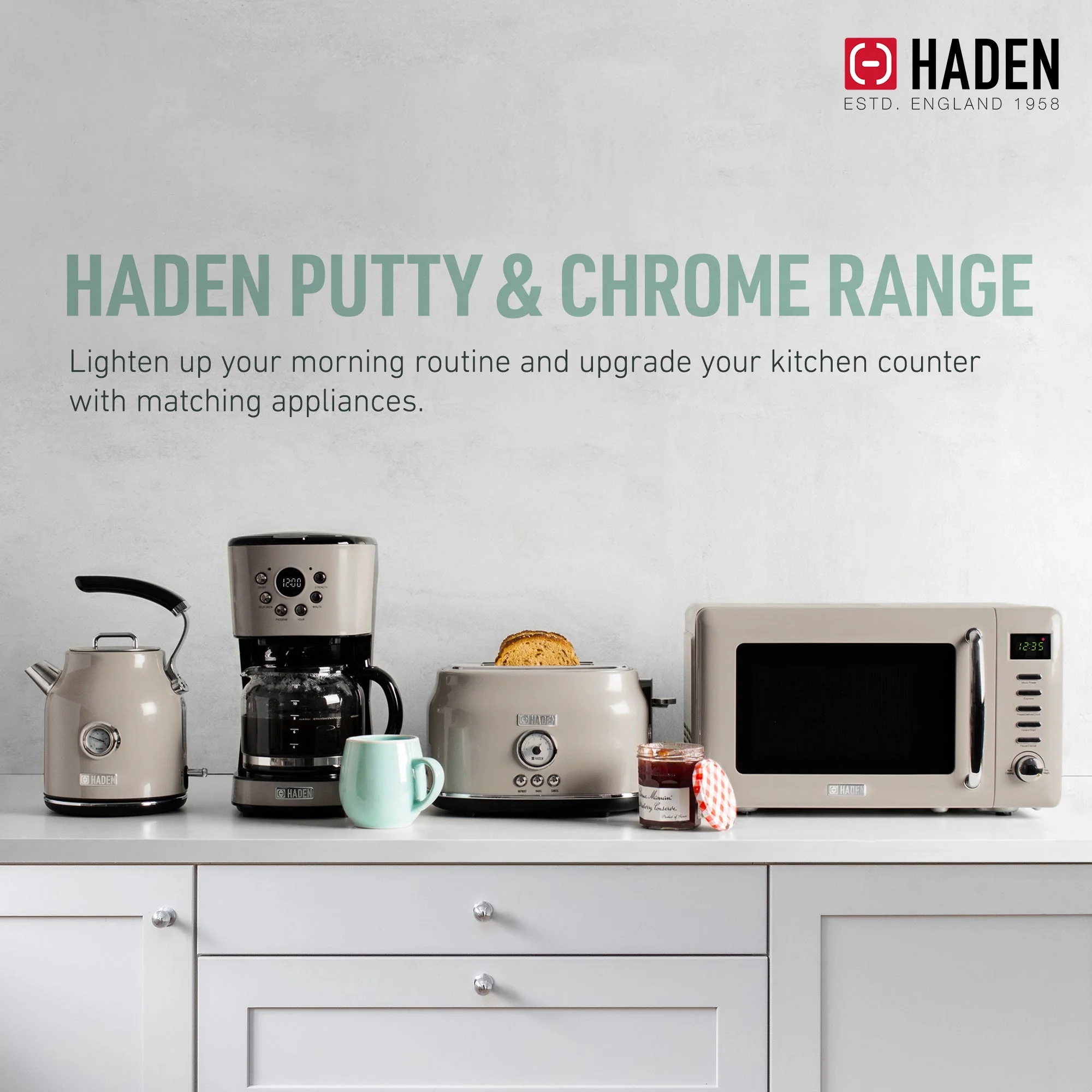Haden 700W Countertop Microwave & Dorset 1.7L Electric Kettle, Putty & Chrome - Image 6
