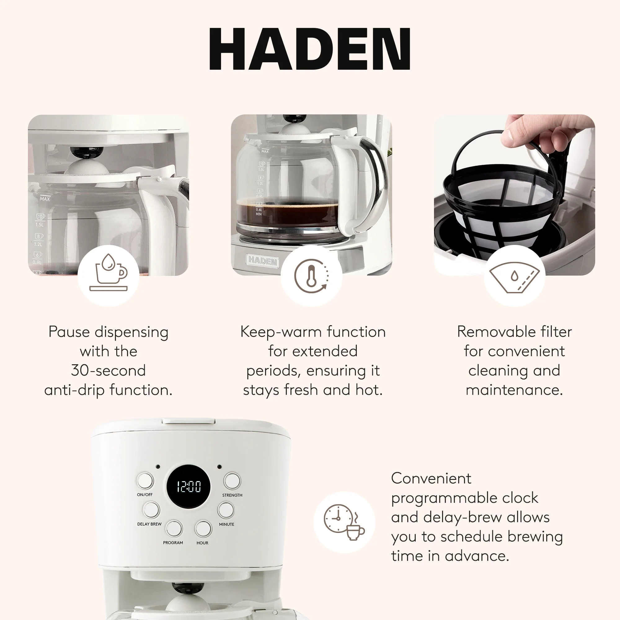 Haden Coffee Machine, 12 Cup Programmable Drip Coffee Maker, Ivory & Chrome - Image 3