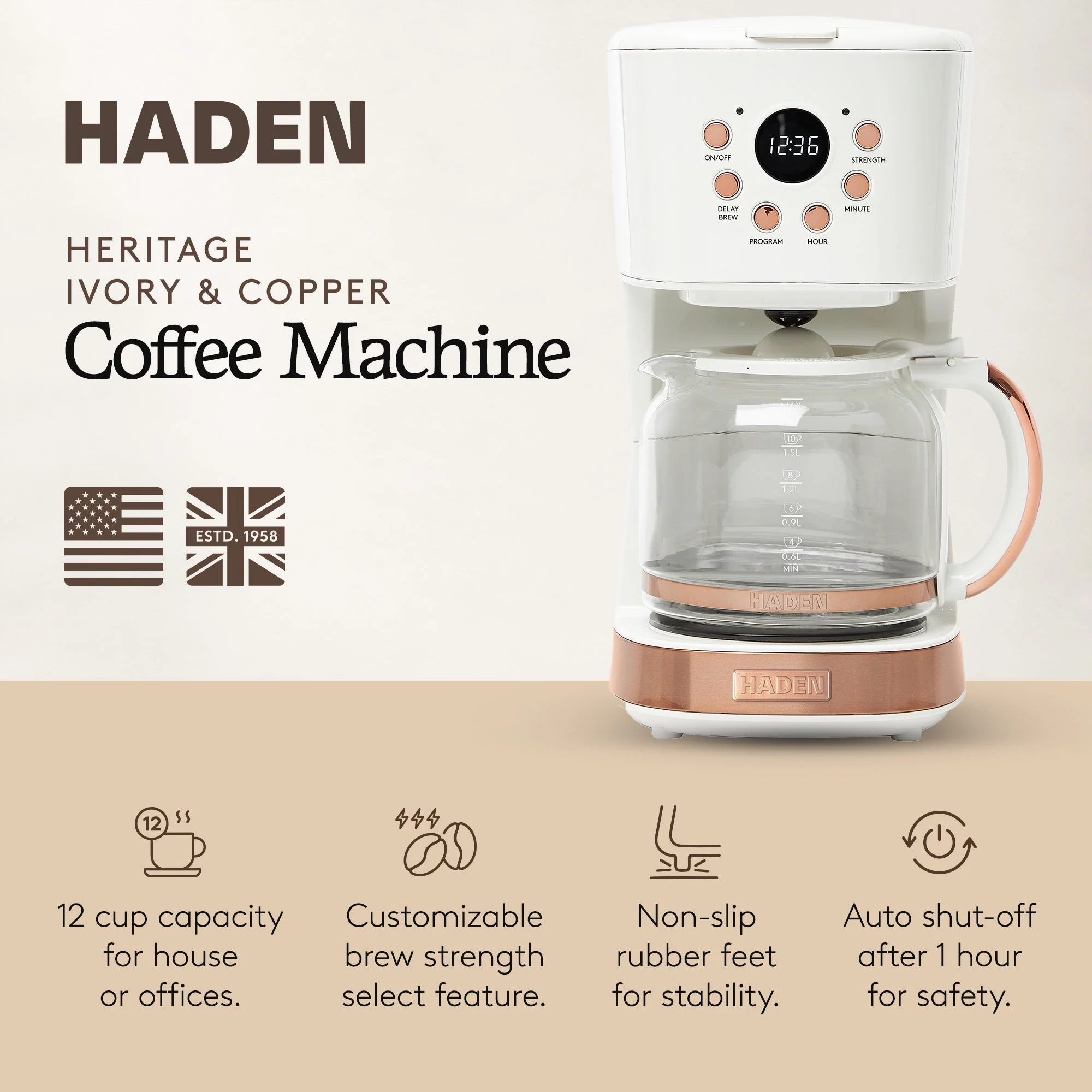Haden Coffee Machine, 12 Cup Programmable Drip Coffee Maker, Ivory & Copper - Image 2