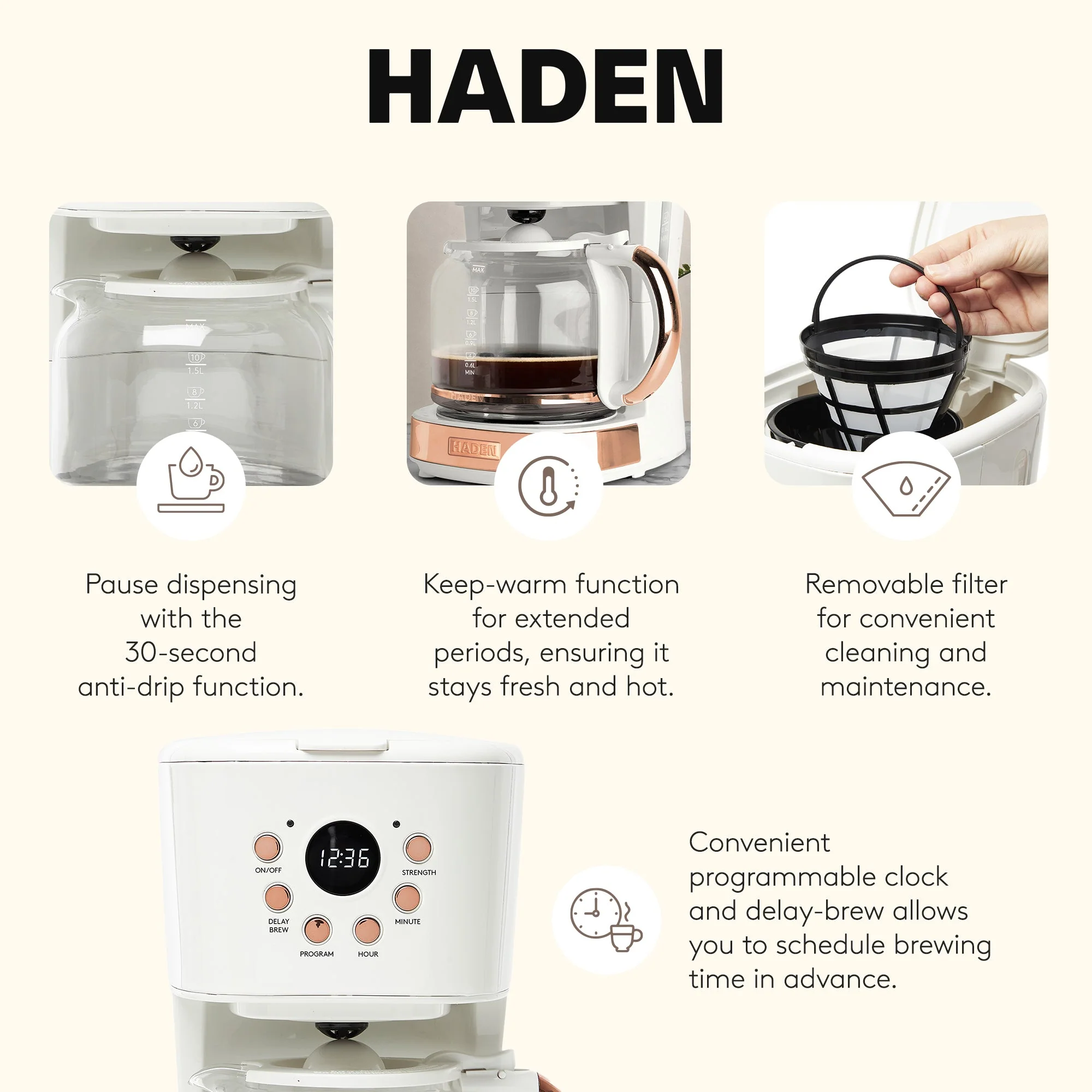 Haden Coffee Machine, 12 Cup Programmable Drip Coffee Maker, Ivory & Copper - Image 3