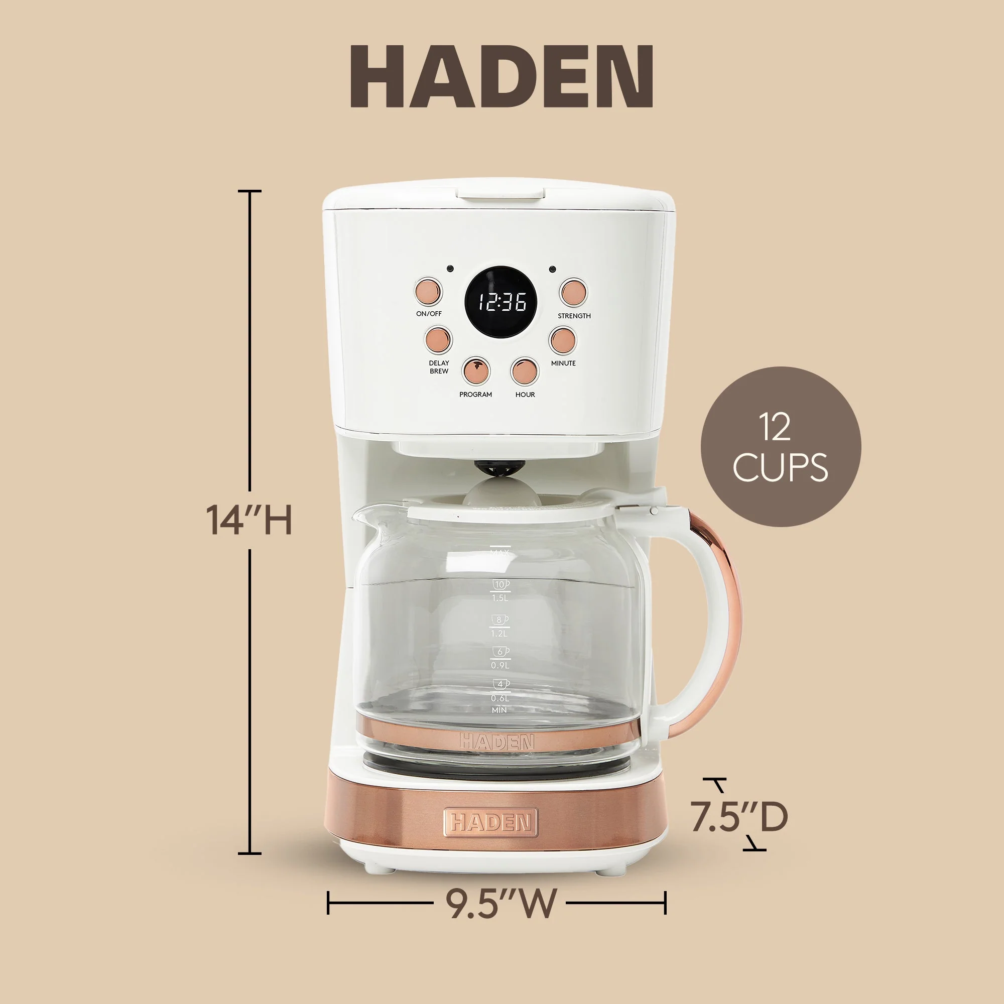 Haden Coffee Machine, 12 Cup Programmable Drip Coffee Maker, Ivory & Copper - Image 4