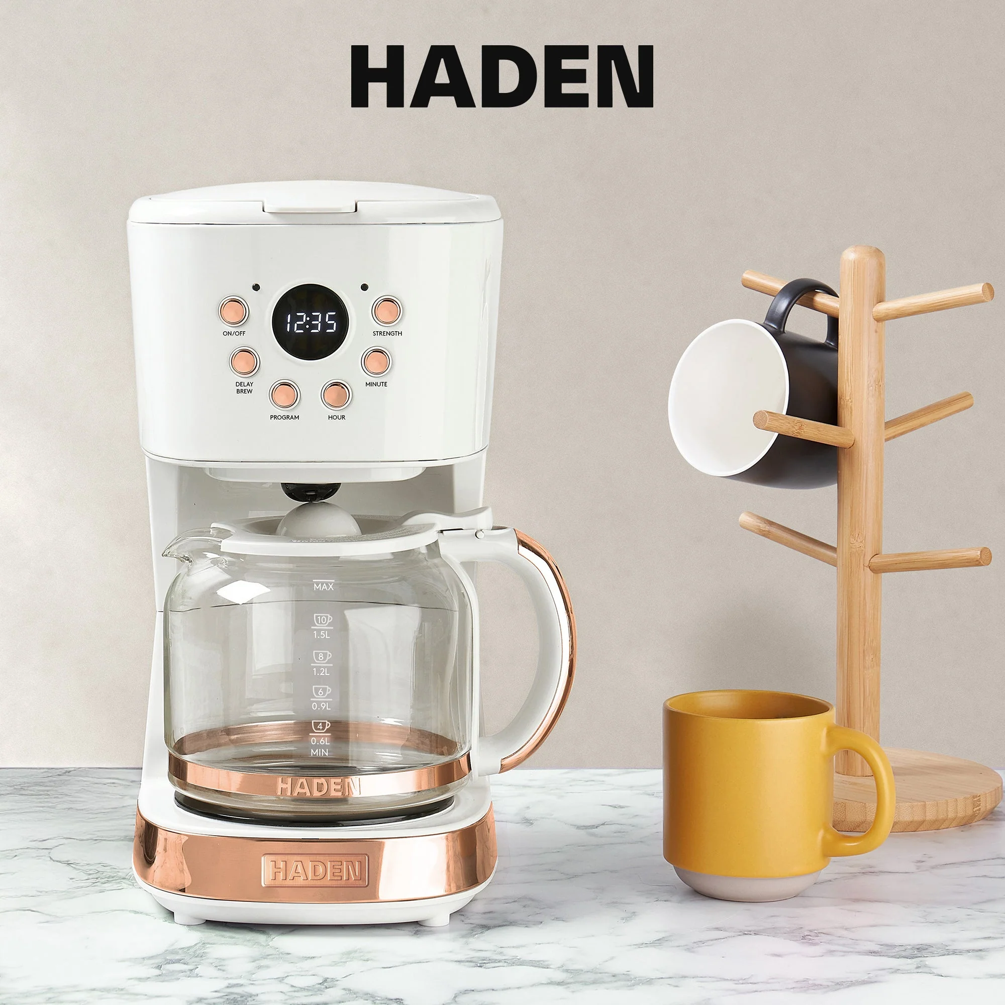 Haden Coffee Machine, 12 Cup Programmable Drip Coffee Maker, Ivory & Copper - Image 7