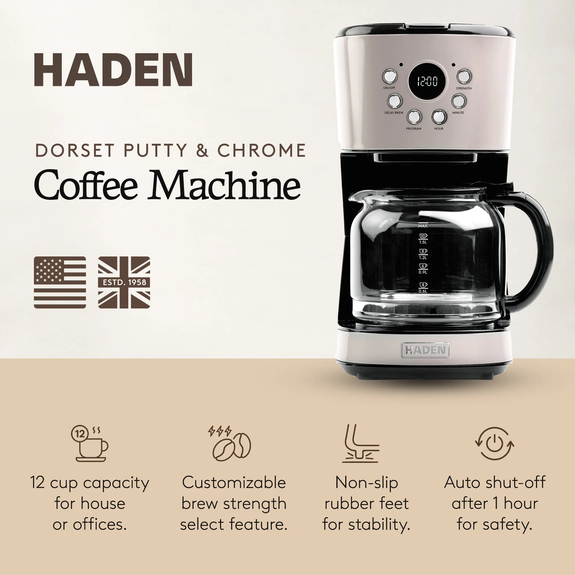 Haden Coffee Machine, 12 Cup Programmable Drip Coffee Maker, Putty & Chrome - Image 2
