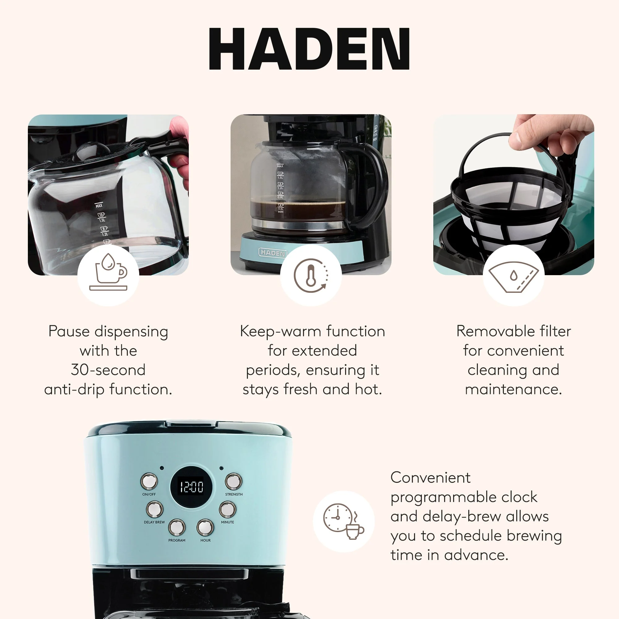 Haden Coffee Machine, 12 Cup Programmable Drip Coffee Maker, Turquoise & Chrome - Image 3