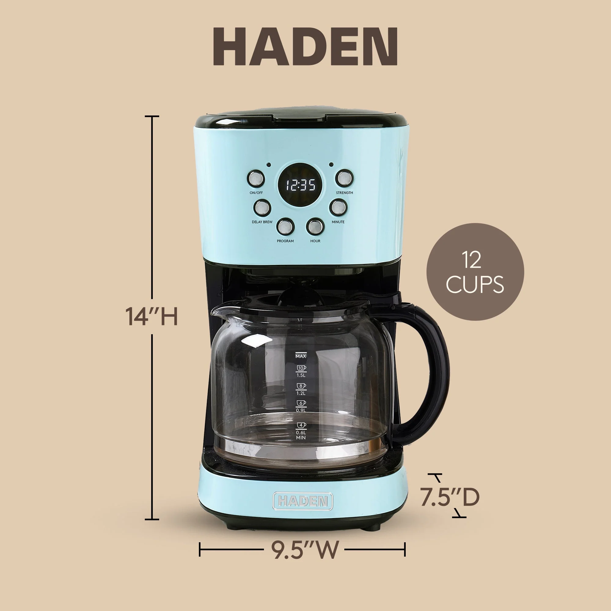 Haden Coffee Machine, 12 Cup Programmable Drip Coffee Maker, Turquoise & Chrome - Image 4
