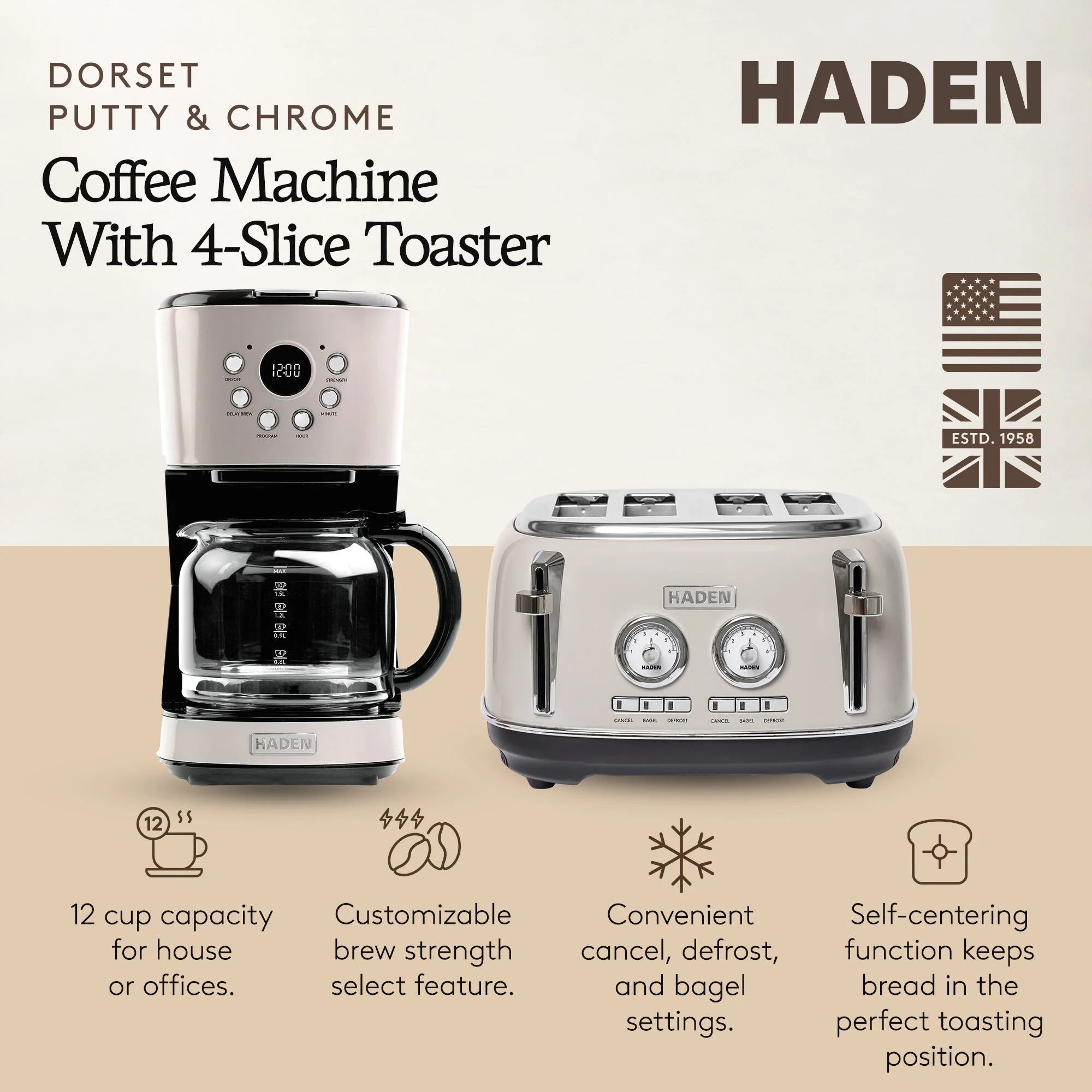 Haden Dorset 12 Cup Coffee Maker & 4 Slice Wide Slot Toaster, Putty & Chrome - Image 2