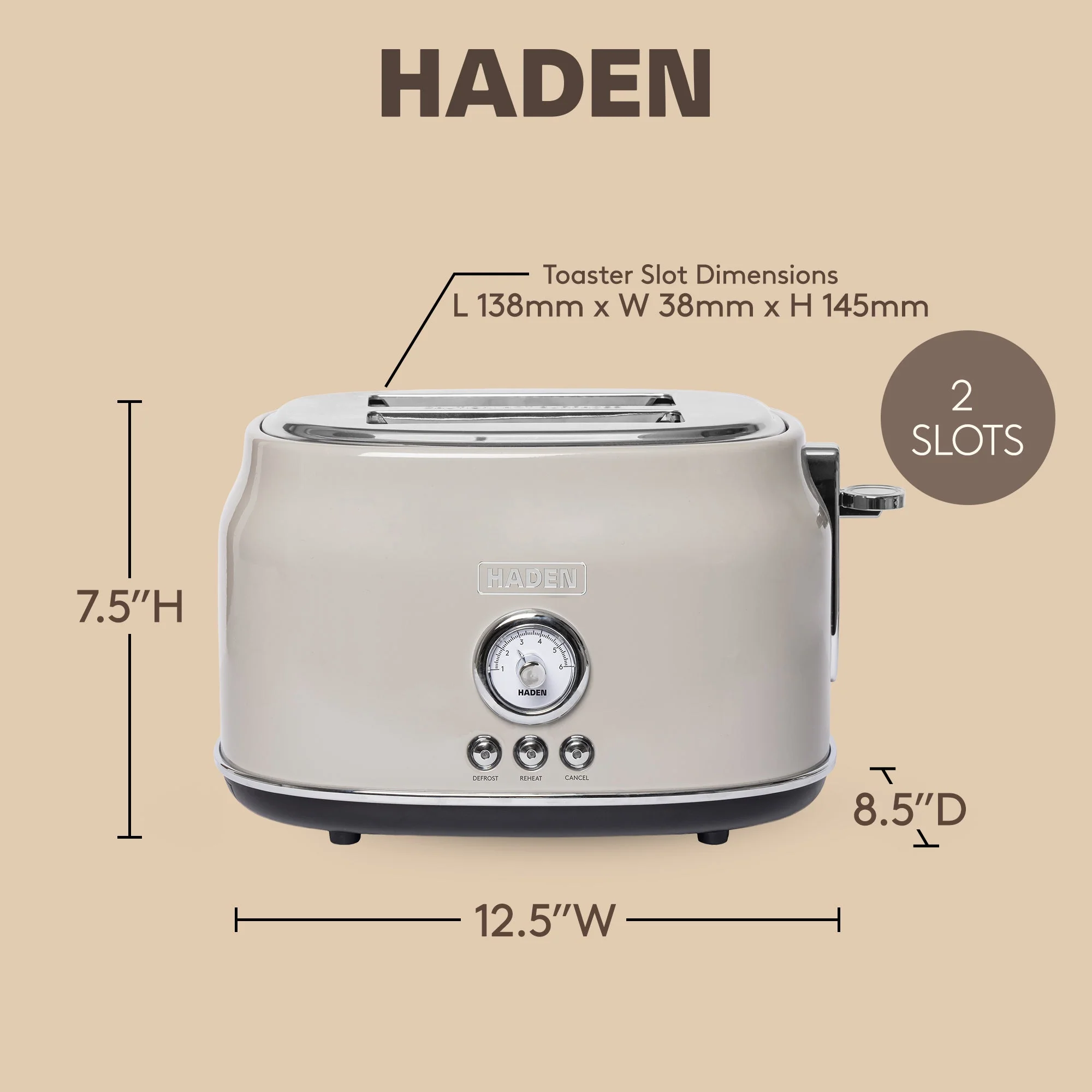 Haden Dorset 2 Slice Wide Slot Stainless Steel Toaster, Putty & Chrome - Image 4