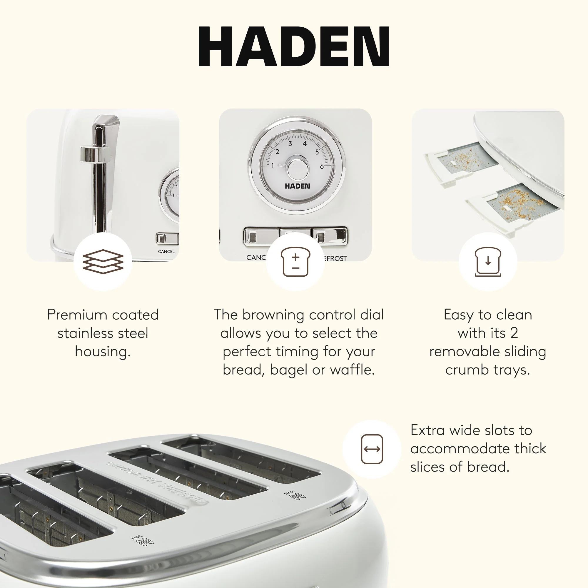 Haden Dorset 4 Slice Wide Slot Stainless Steel Toaster, Ivory & Chrome - Image 3
