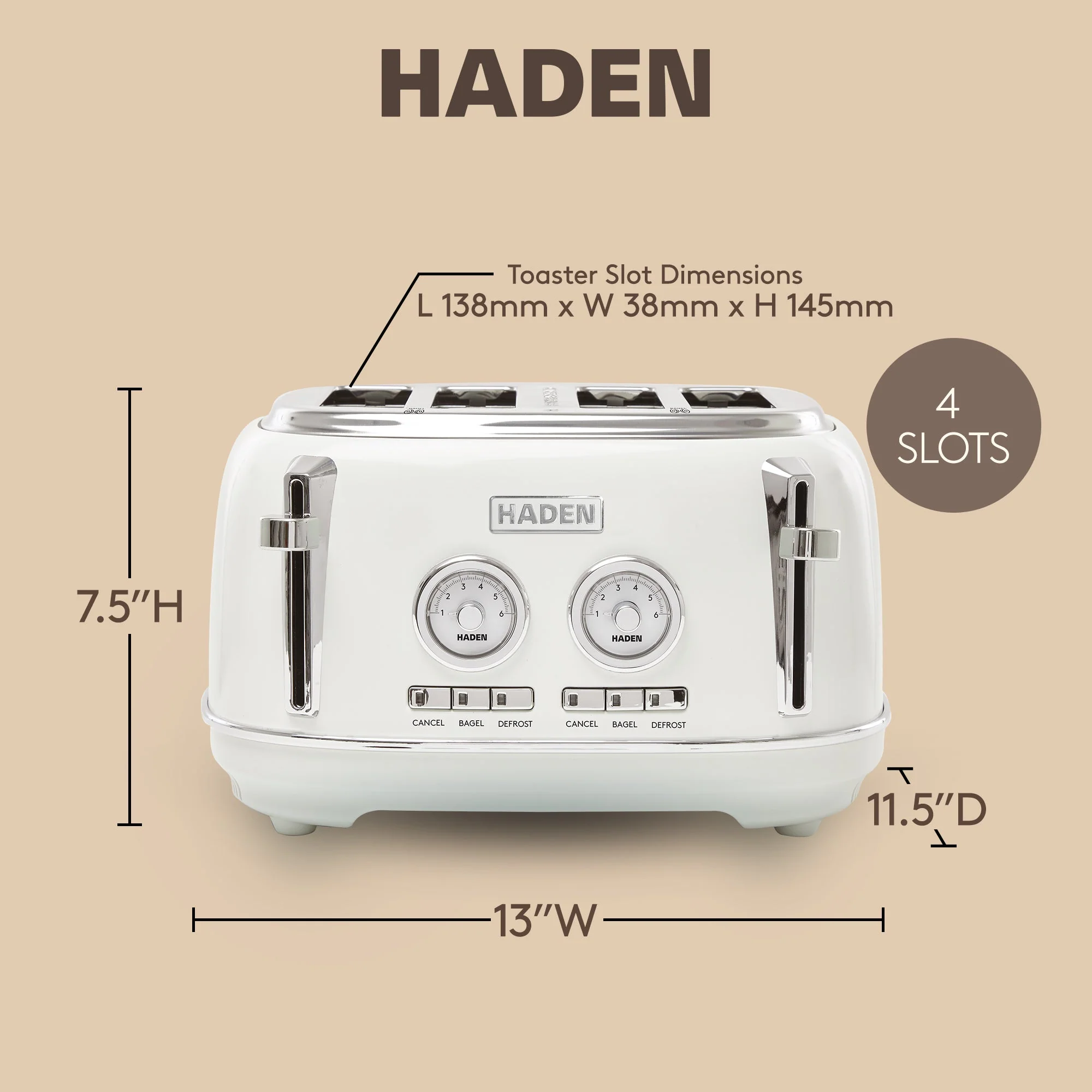 Haden Dorset 4 Slice Wide Slot Stainless Steel Toaster, Ivory & Chrome - Image 4