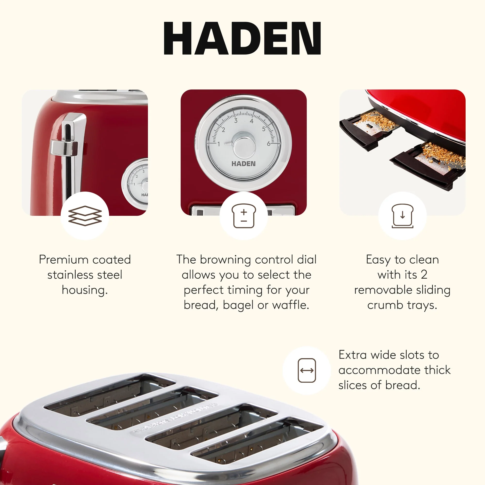 Haden Dorset 4 Slice Wide Slot Stainless Steel Toaster, Rectory Red - Image 3