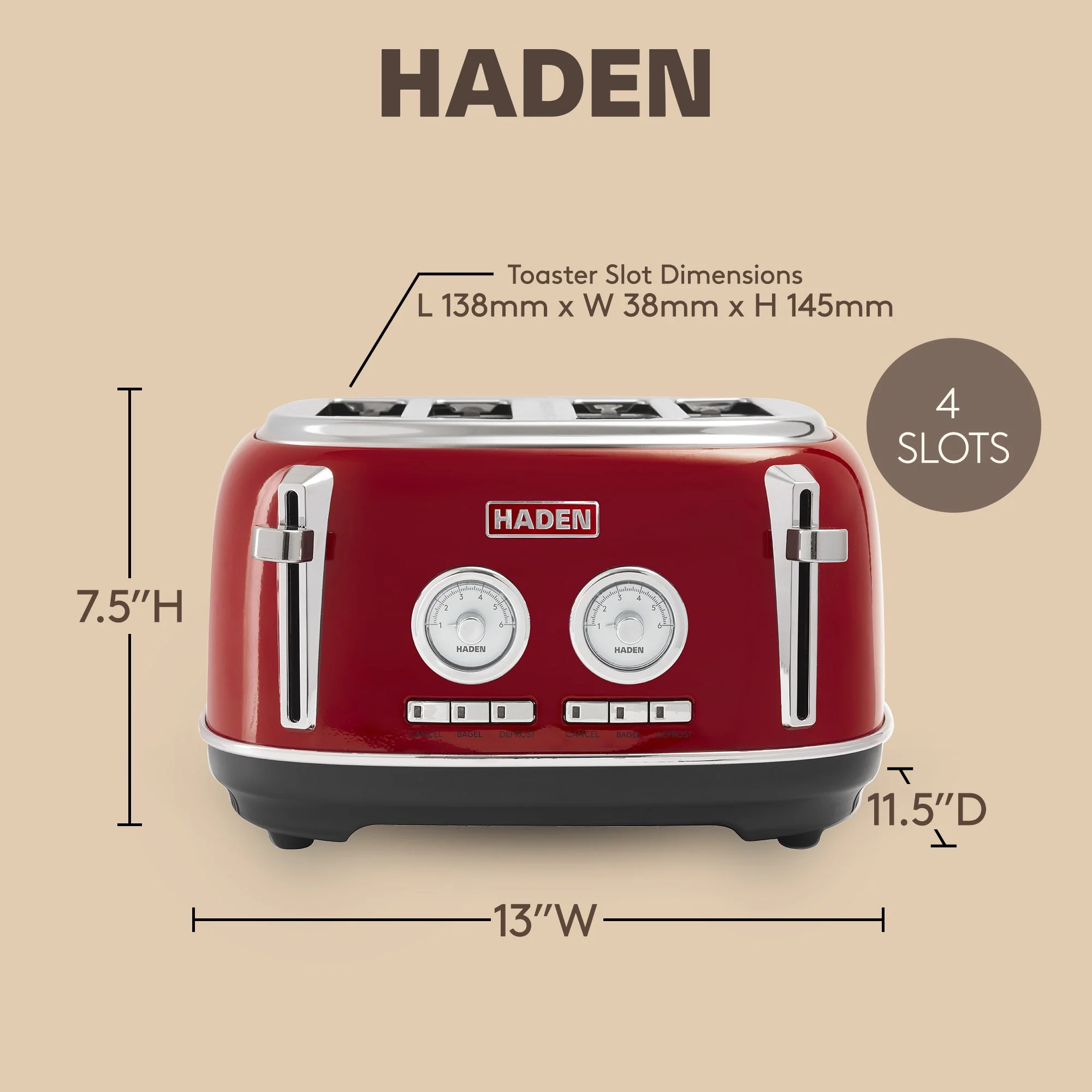 Haden Dorset 4 Slice Wide Slot Stainless Steel Toaster, Rectory Red - Image 4