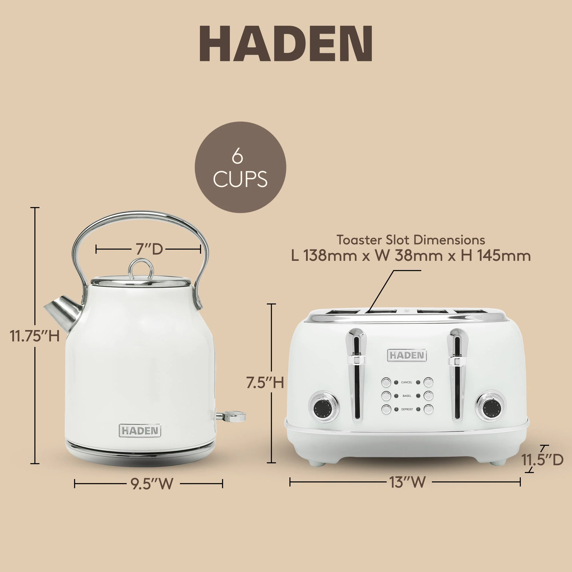 Haden Heritage 1.7 Liter Electric Tea Kettle & 4 Slice Wide Slot Toaster, White - Image 5