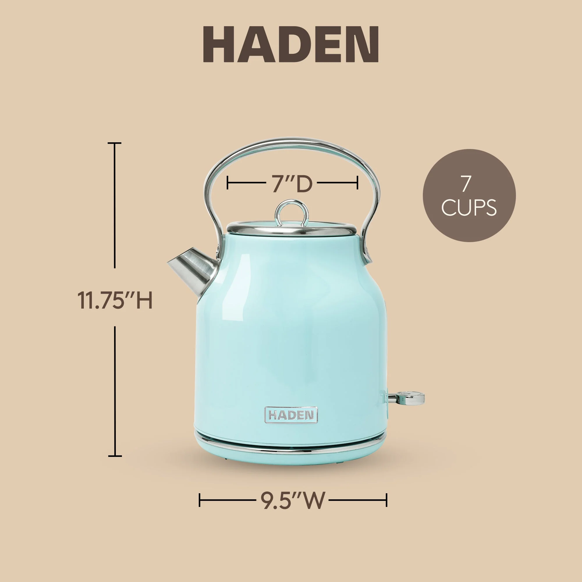 Haden Heritage 1.7L Stainless Steel Electric Water Kettle, Turquoise & Chrome - Image 4