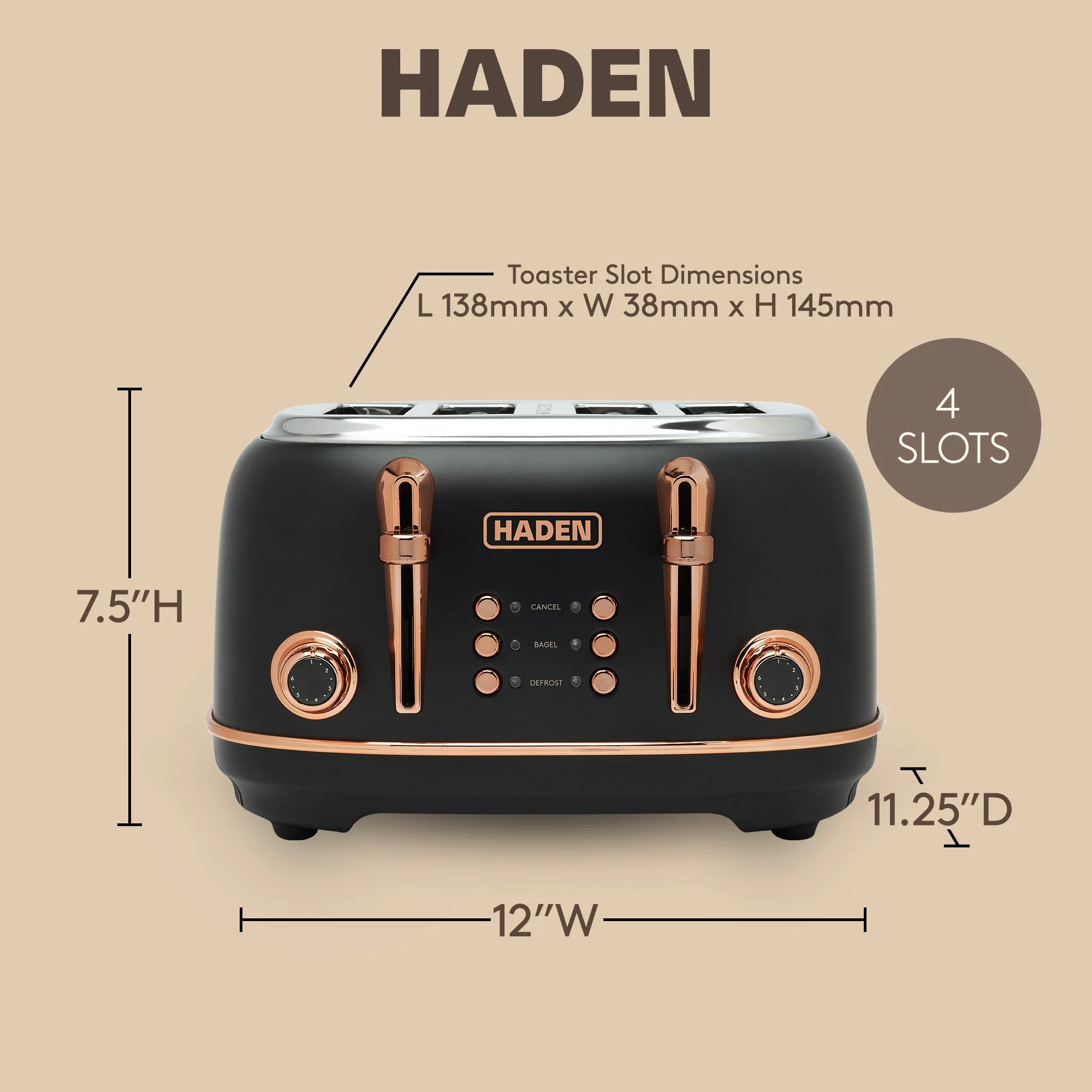 Haden Heritage 4 Slice Wide Slot Stainless Steel Toaster, Black & Copper - Image 4