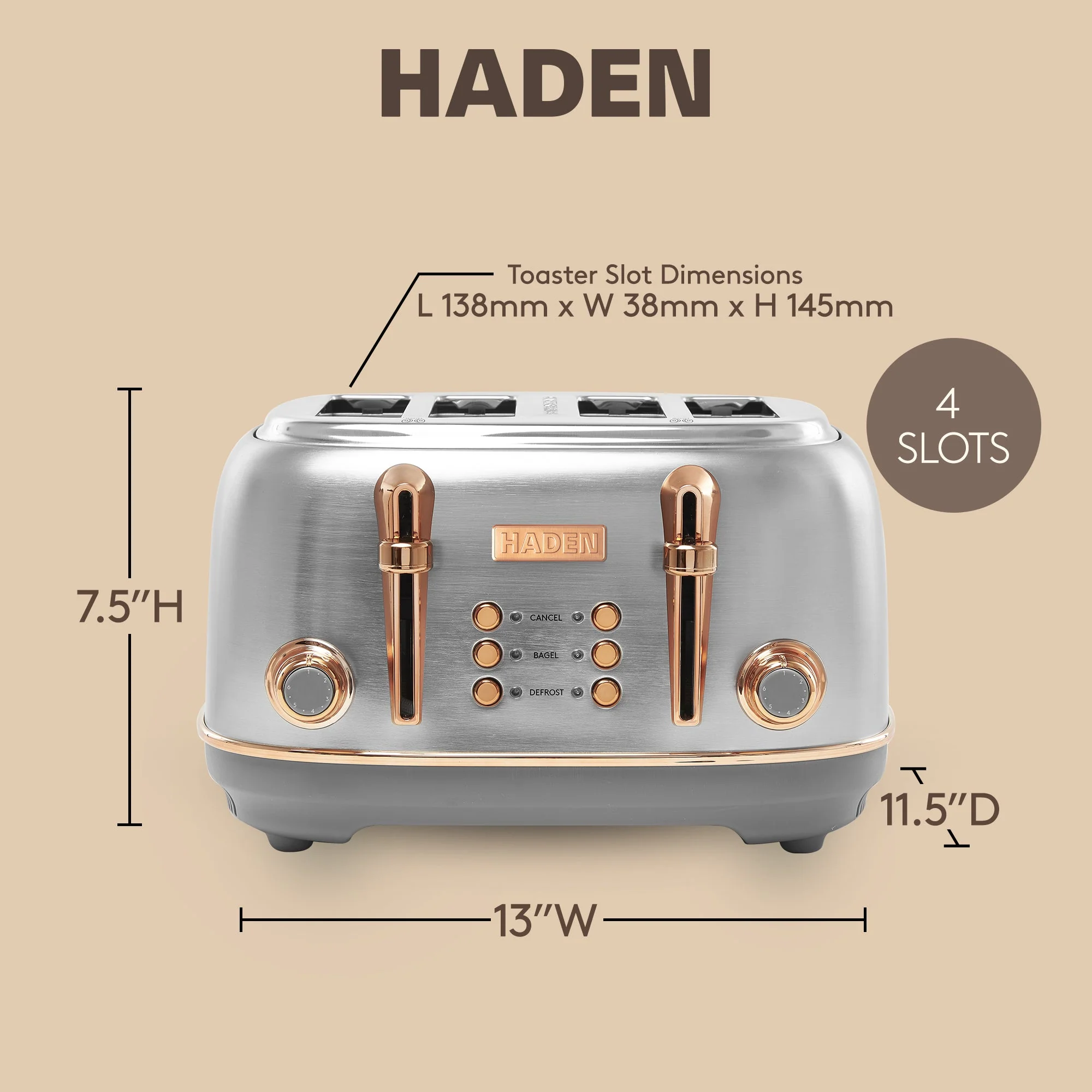 Haden Heritage 4 Slice Wide Slot Stainless Steel Toaster, Steel & Copper - Image 4