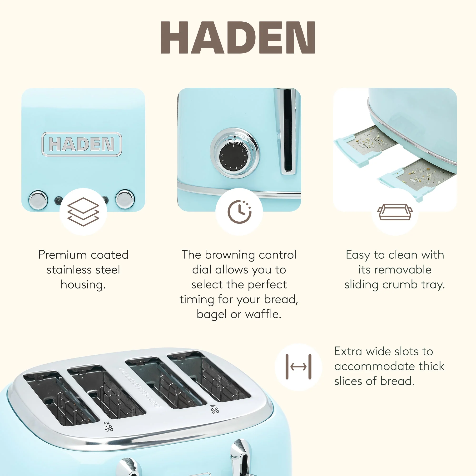 Haden Heritage 4 Slice Wide Slot Toaster & Electric Kettle, Turquoise & Chrome - Image 3