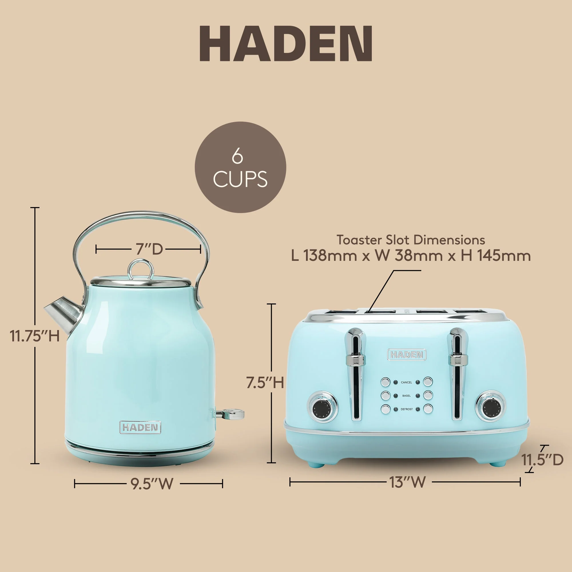 Haden Heritage 4 Slice Wide Slot Toaster & Electric Kettle, Turquoise & Chrome - Image 5