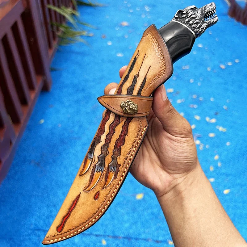 Wolf Japanese Hunting Knife VG-10 Damascus Steel & Exotic Ebony Handle - Image 3