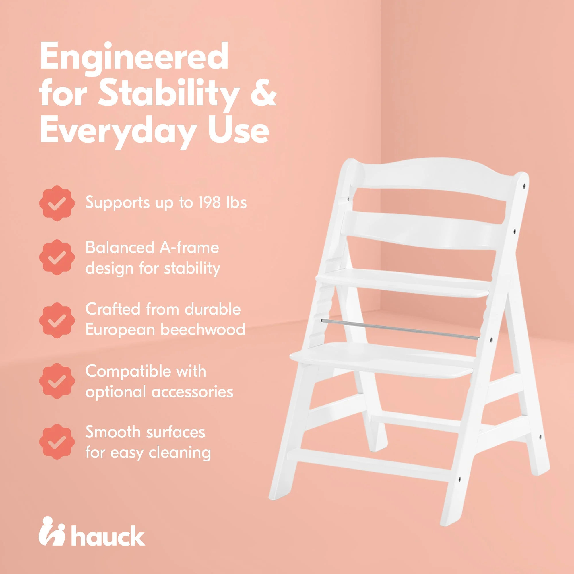 hauck Alpha+ Grow Along Adjustable Wooden Baby High Chair Seat, Beechwood, White - Image 3