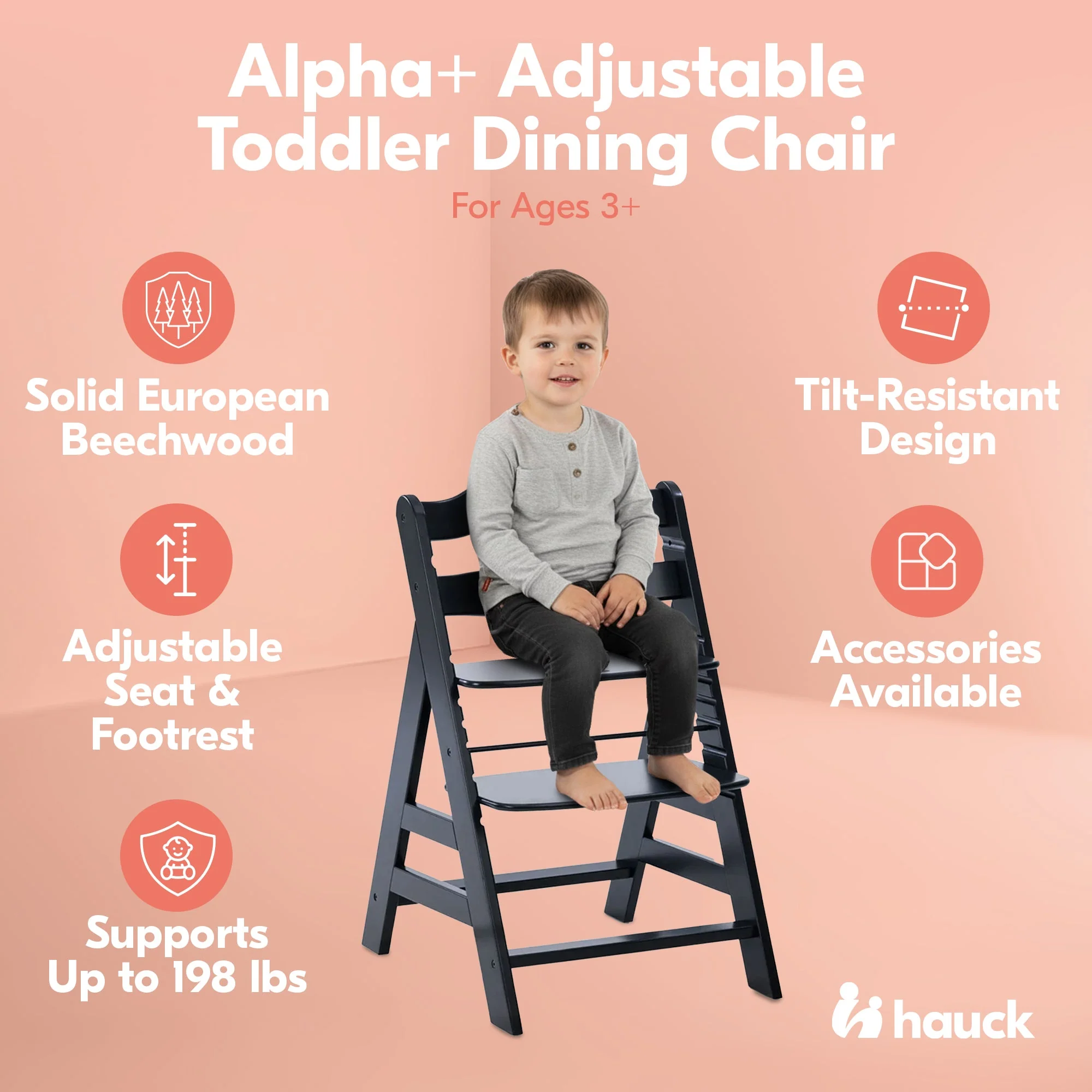 hauck Alpha+ Grow Along Seat, Adjustable Wooden Chair, Beechwood, Black Finish - Image 2