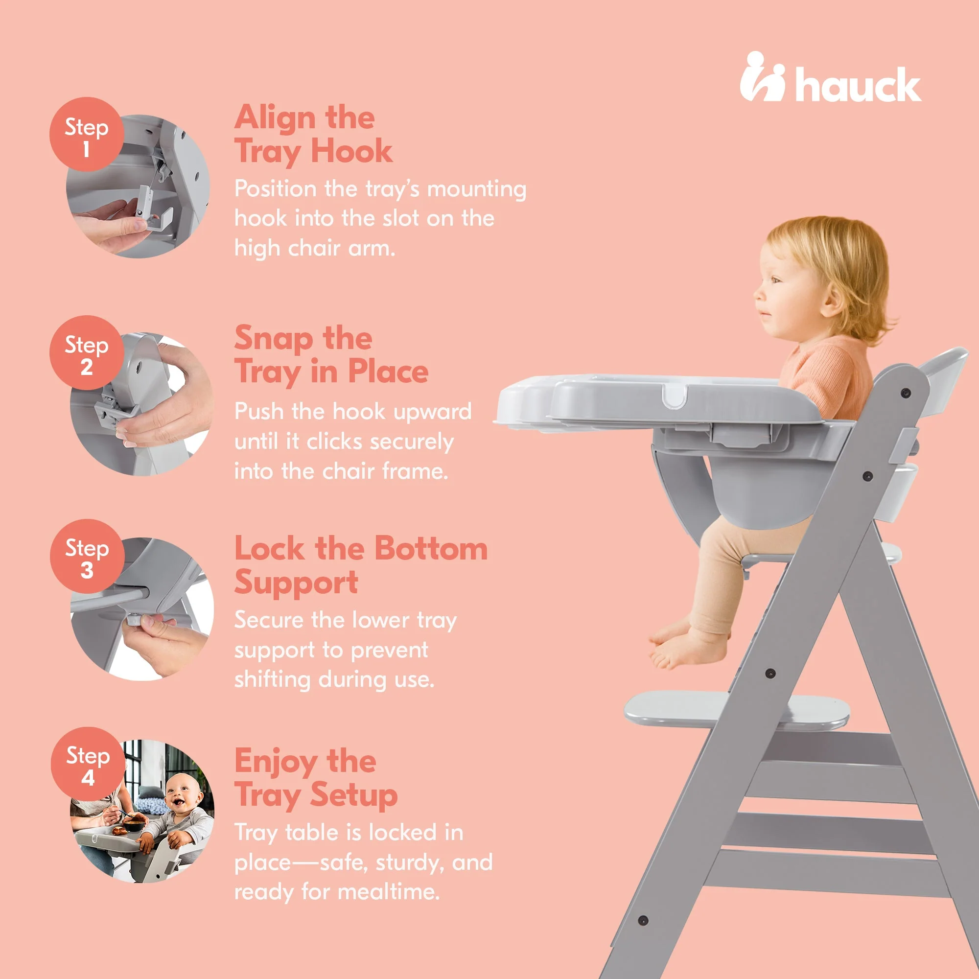 hauck Alpha High Chair Tray Table Compatible with Wooden Alpha+ and Beta+, Grey - Image 4