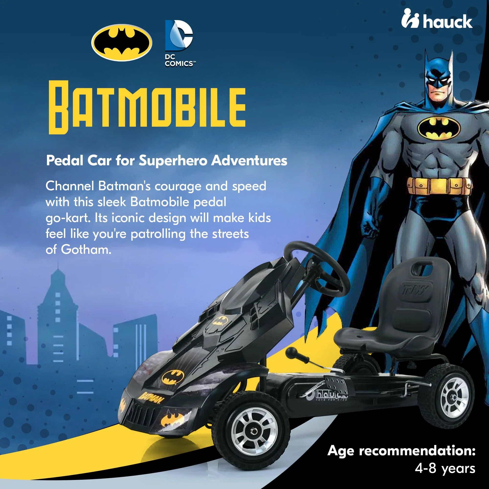 hauck Bat Mobile Pedal Go Kart Superhero Ride On Batman Vehicle for Kids, Black - Image 2