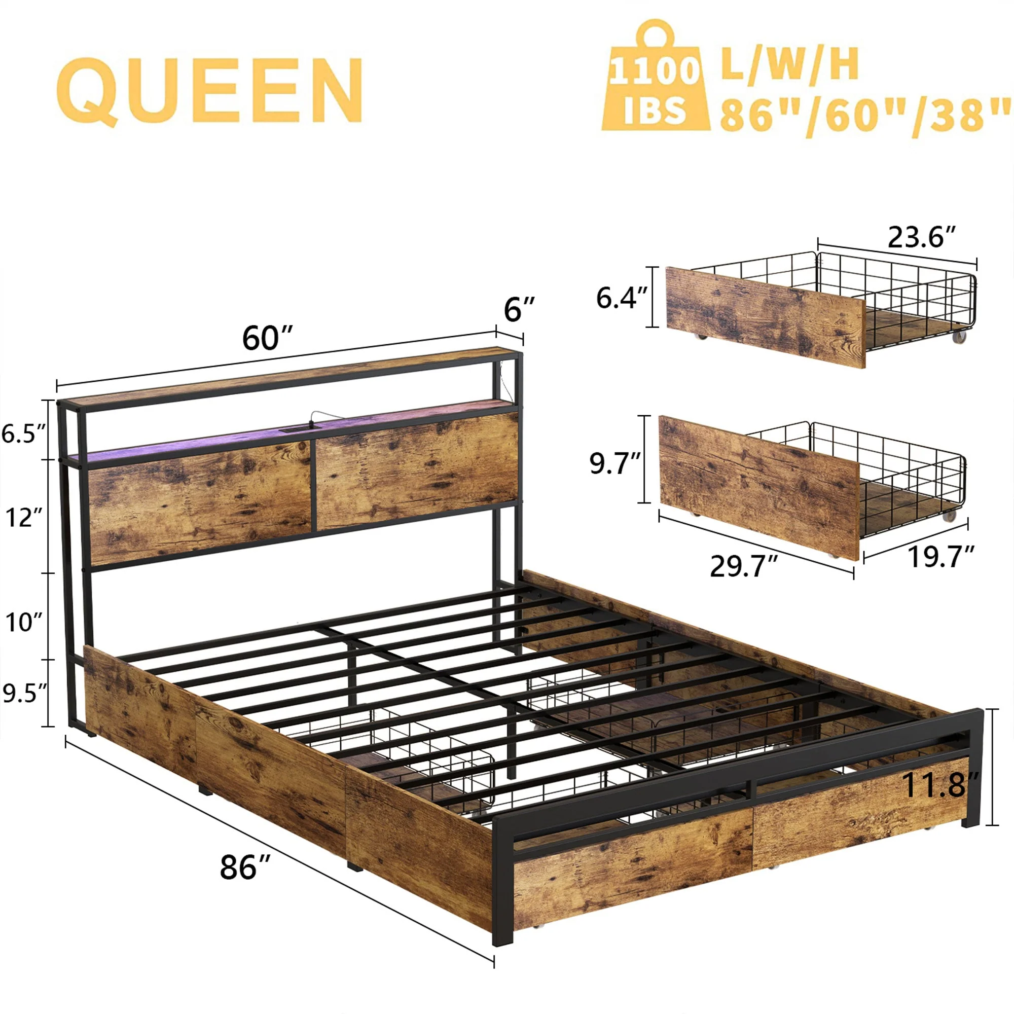 HAUSOURCE Queen Platform Bed Frame w/ Headboard, Drawers & Outlets, Rustic Brown - Image 2