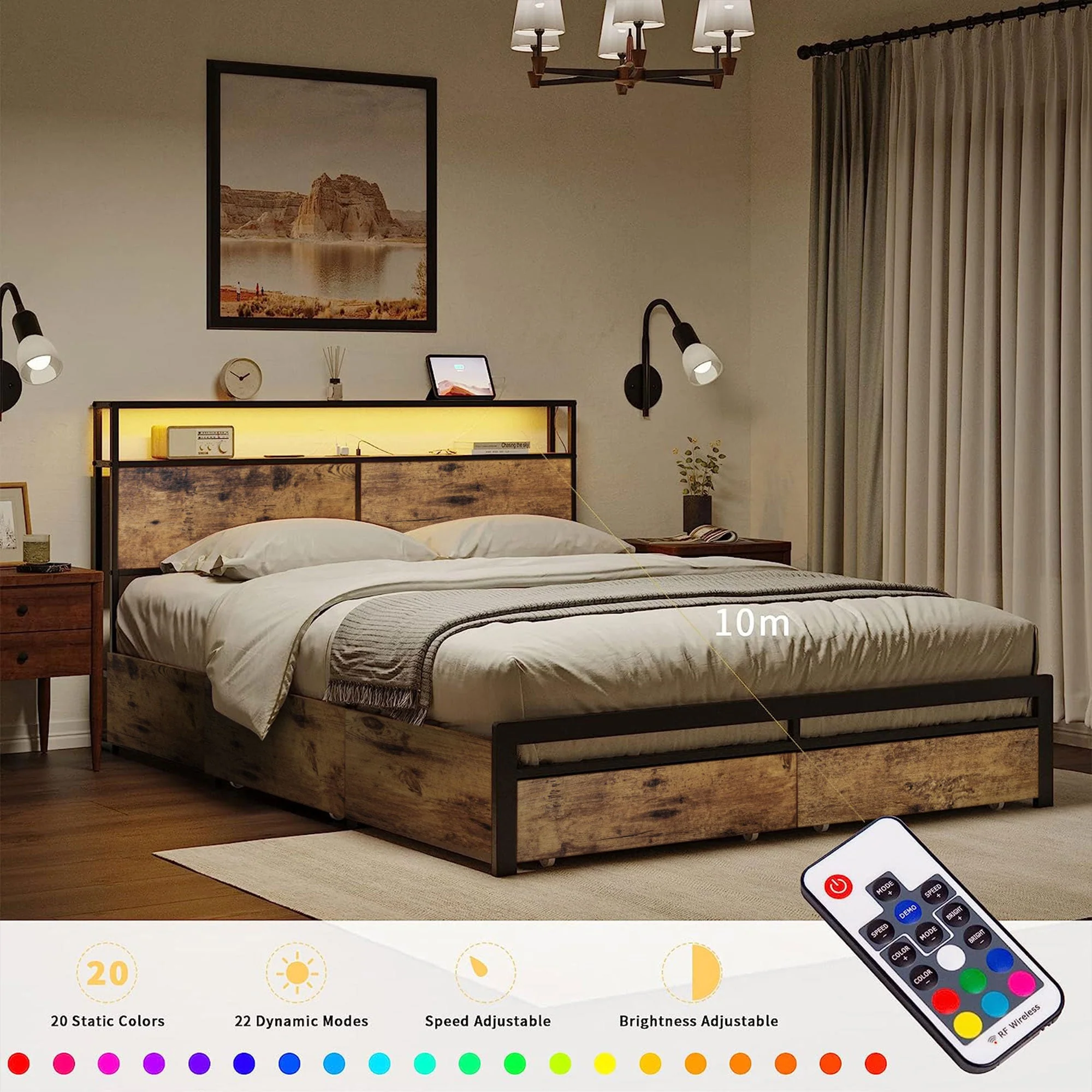 HAUSOURCE Queen Platform Bed Frame w/ Headboard, Drawers & Outlets, Rustic Brown - Image 4