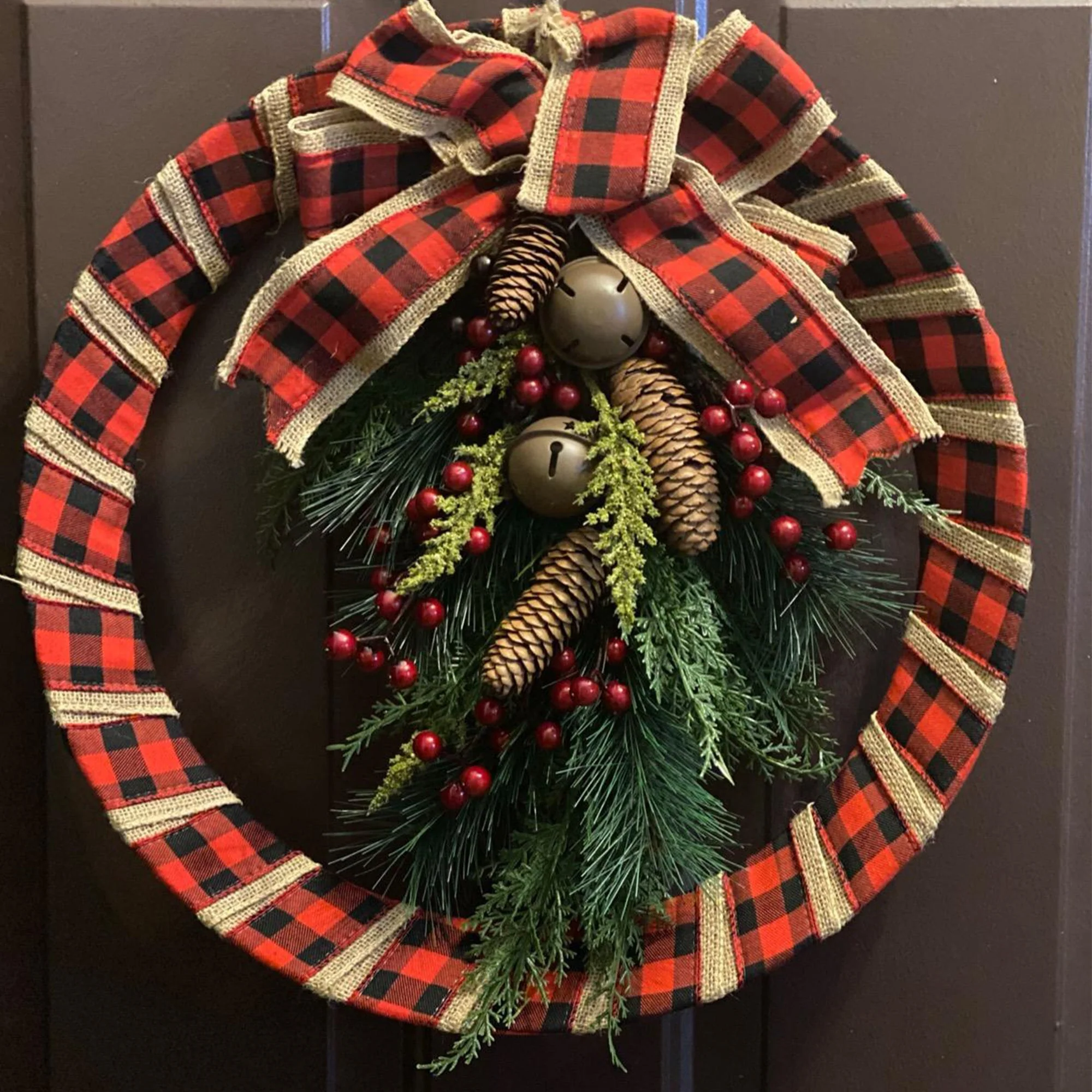 Haute Decor 18" Round Indoor/Outdoor Christmas Wreath w/Pinecones, Buffalo Check - Image 3