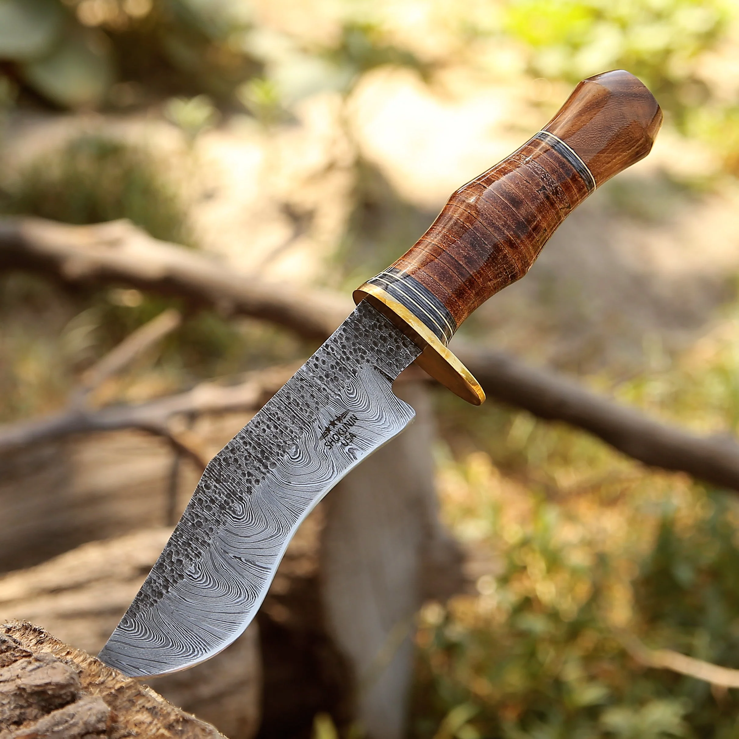 Hawk 11.5" Damascus Hunting Bowie Knife with Stacked Leather Handle - Image 2