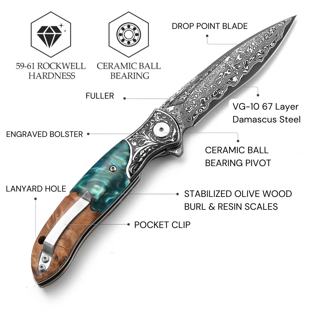 Helios Japanese Damascus Pocket Knife VG-10 with Exotic Stabilized Olive Burl Wood Handle - Image 4