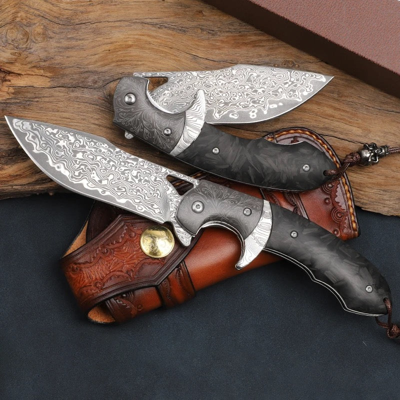 Hermes Damascus Folding Knife with Carbon Fiber Handle - Image 2