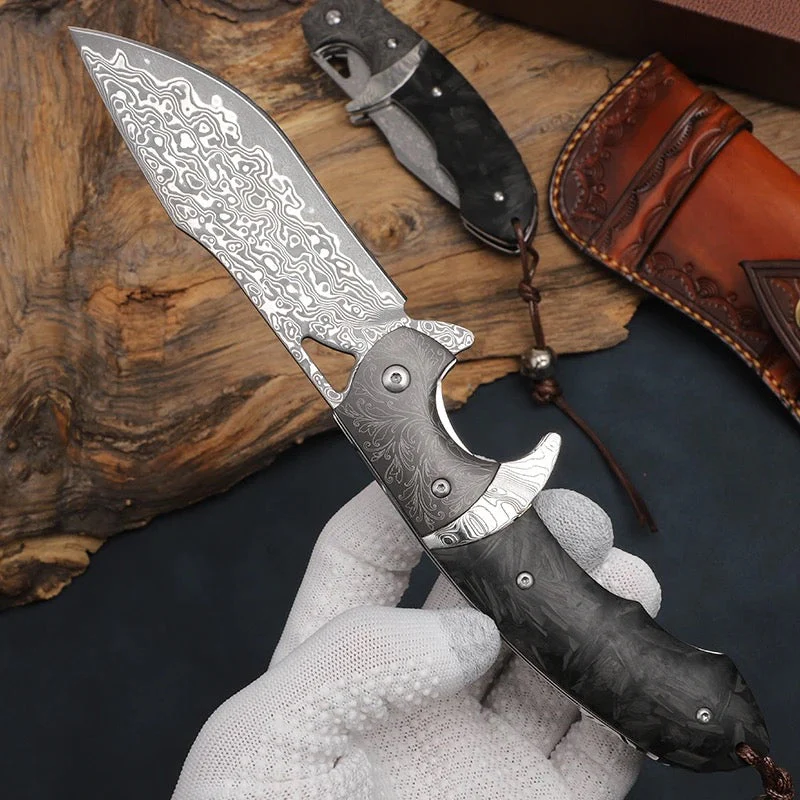 Hermes Damascus Folding Knife with Carbon Fiber Handle - Image 3