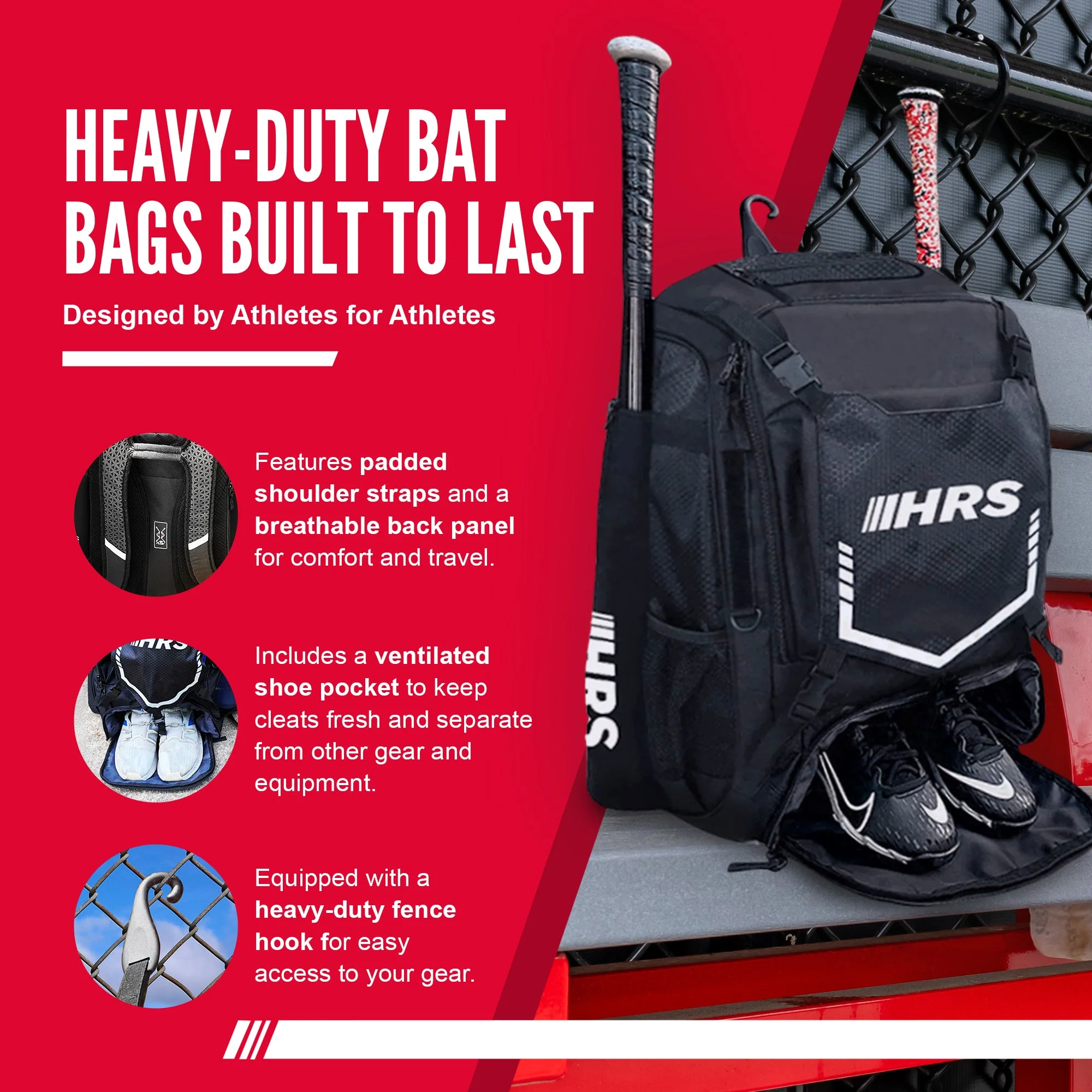 Hit Run Steal Bat Bag Backpack, Holds up to 4 Bats, Glove, and Helmet, Black - Image 2