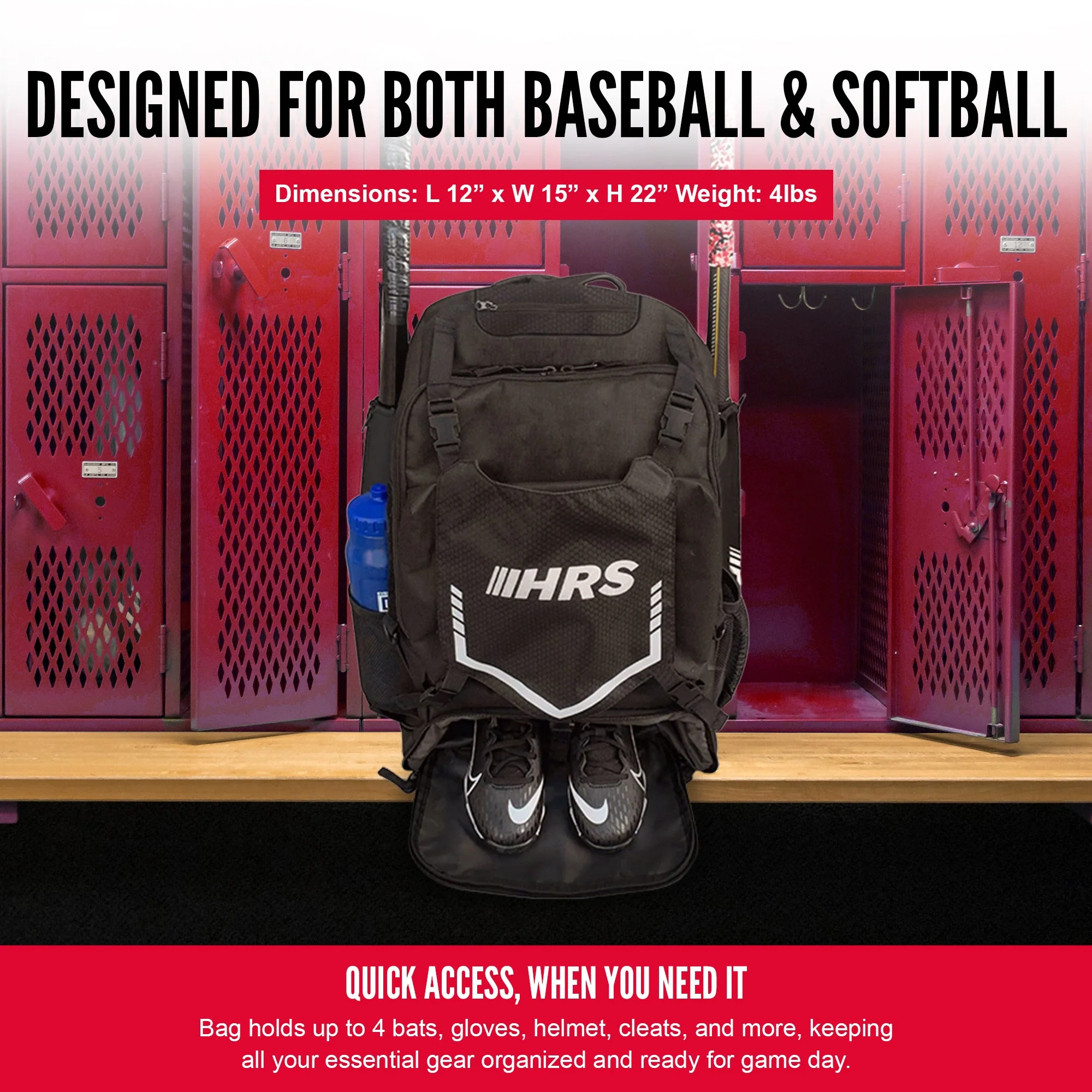 Hit Run Steal Bat Bag Backpack, Holds up to 4 Bats, Glove, and Helmet, Black - Image 3