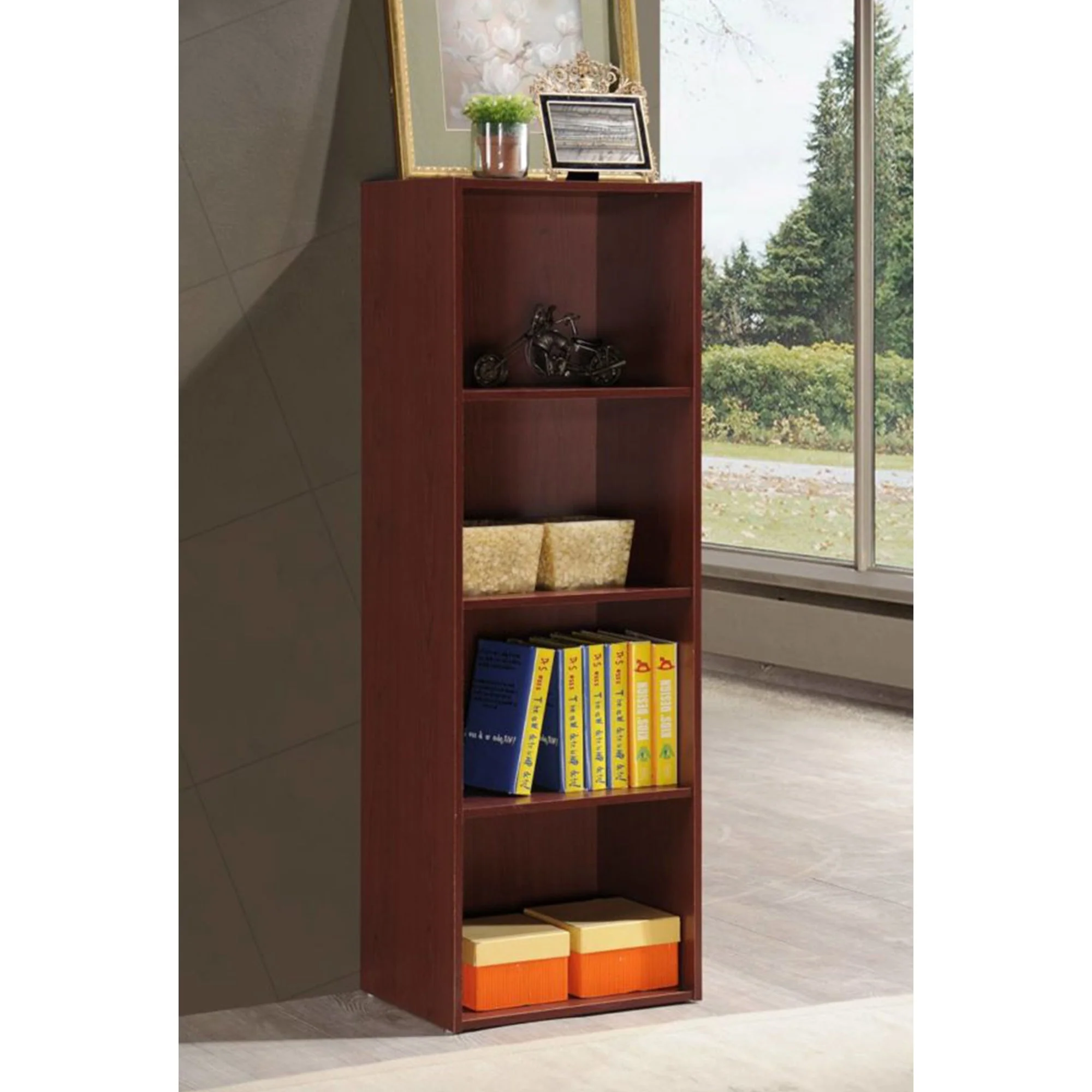 Hodedah 12 x 16 x 47 Inch 4 Shelf Bookcase and Office Organizer, Mahogany Finish - Image 3