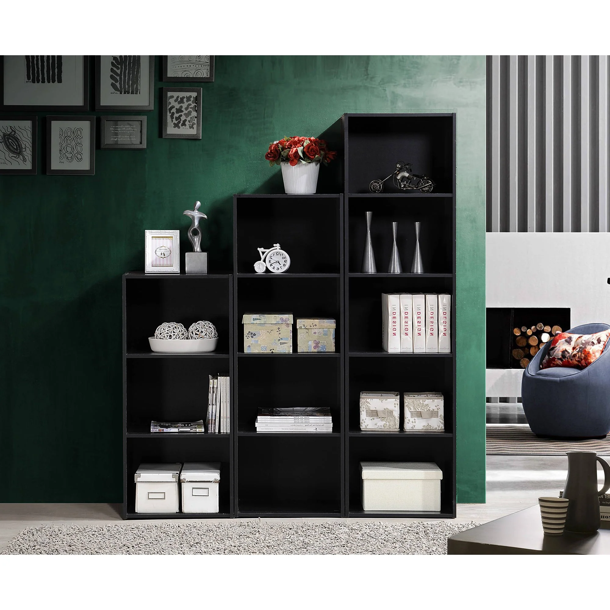 Hodedah 12 x 16 x 60 Inch 5 Shelf Bookcase and Office Organizer, Black Finish - Image 3