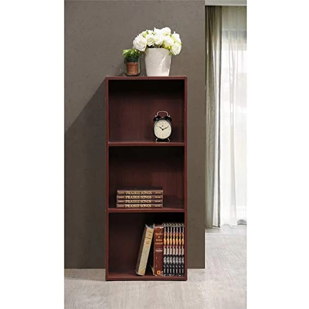 Hodedah 3 Shelf Home and Office Organization Storage Bookcase Cabinets, Mahogany - Image 3
