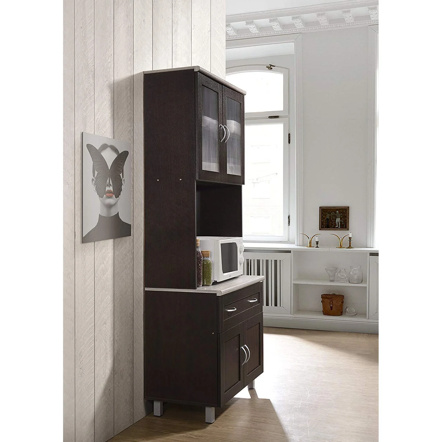 Hodedah Dining Room China Dinnerware Microwave Storage Cabinet, Chocolate - Image 3